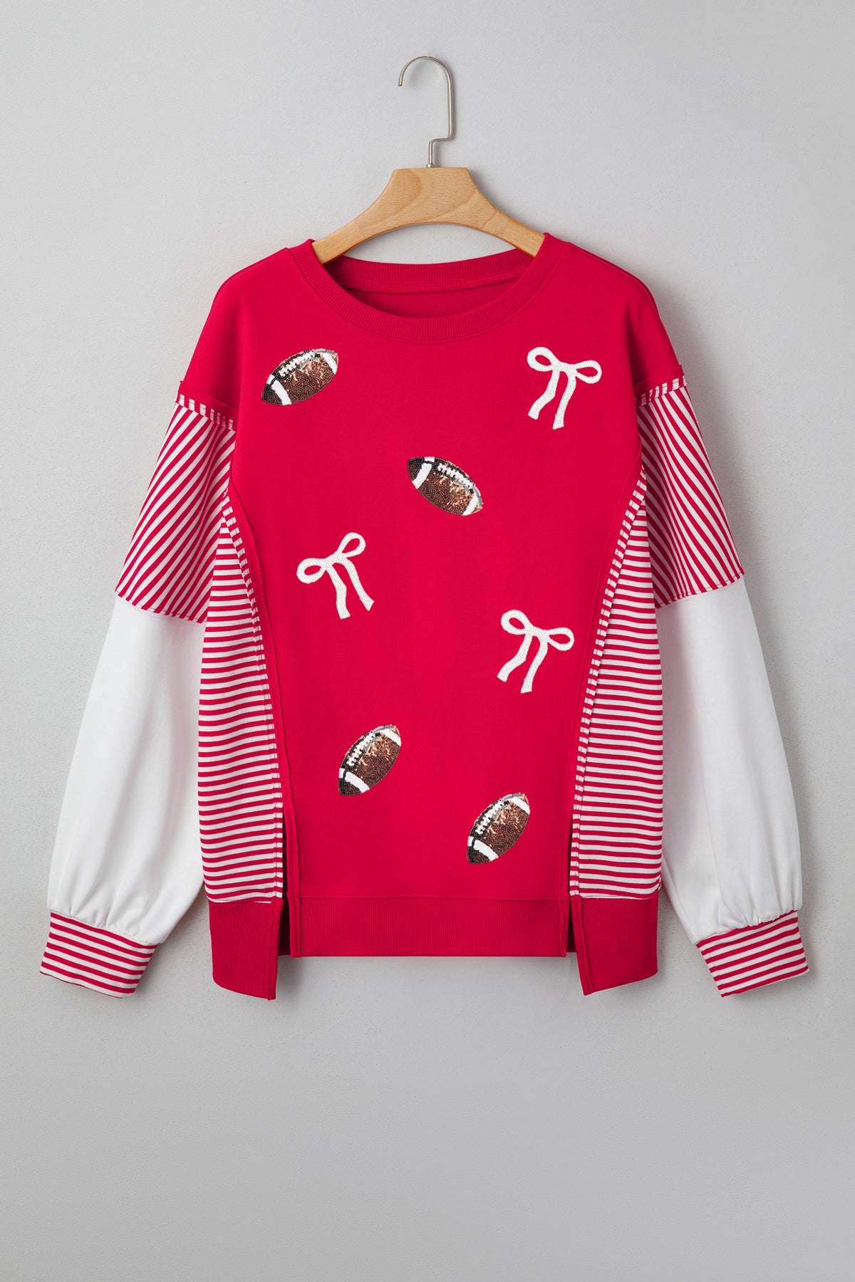 Fiery Red Sequin Rugby Bow Print Striped Color Block Sleeve Patchwork Graphic Sweatshirt