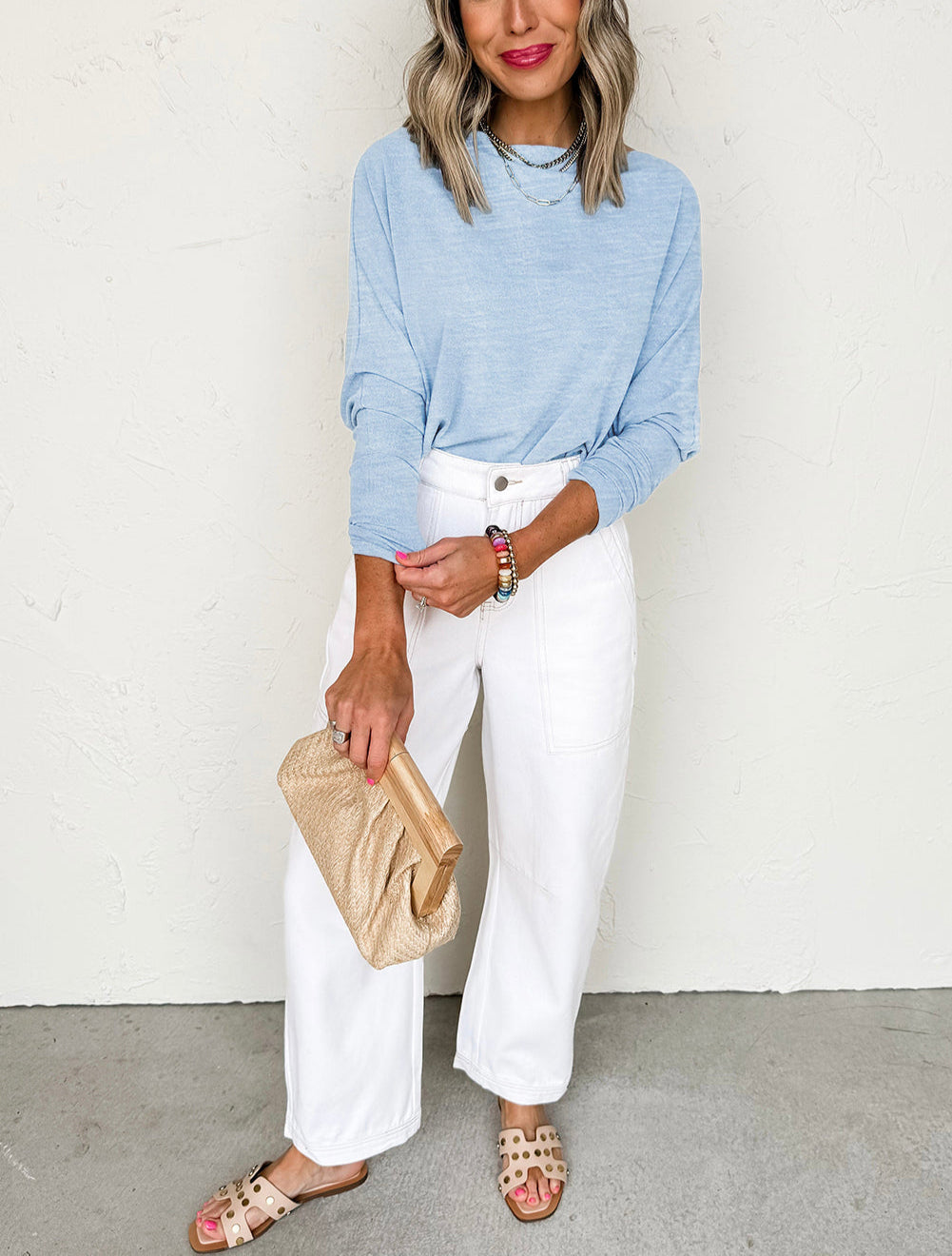 Beau Blue Solid Color Batwing Long Sleeve Top