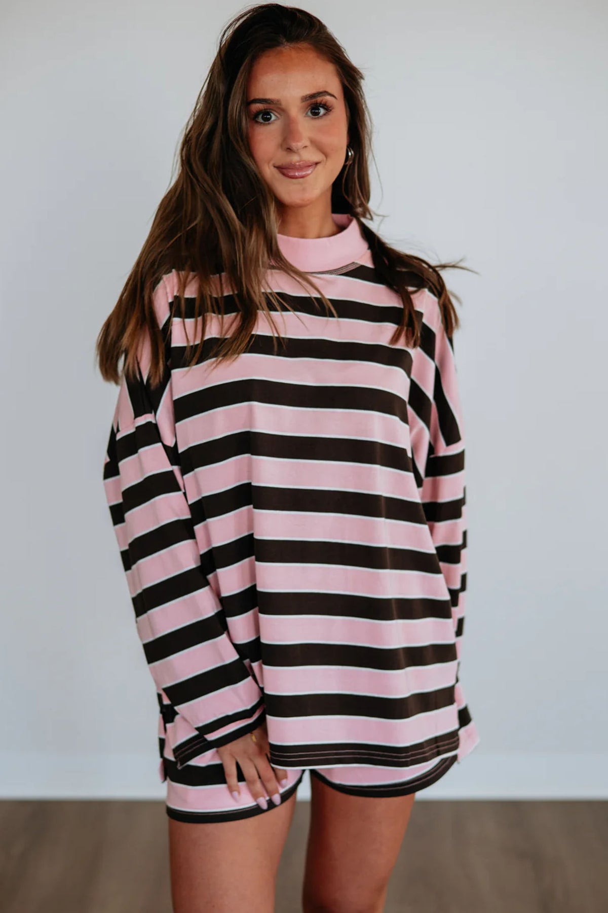 Pink Stripe Oversized Long Sleeve Top Elastic Waist Shorts Casual 2pcs Set