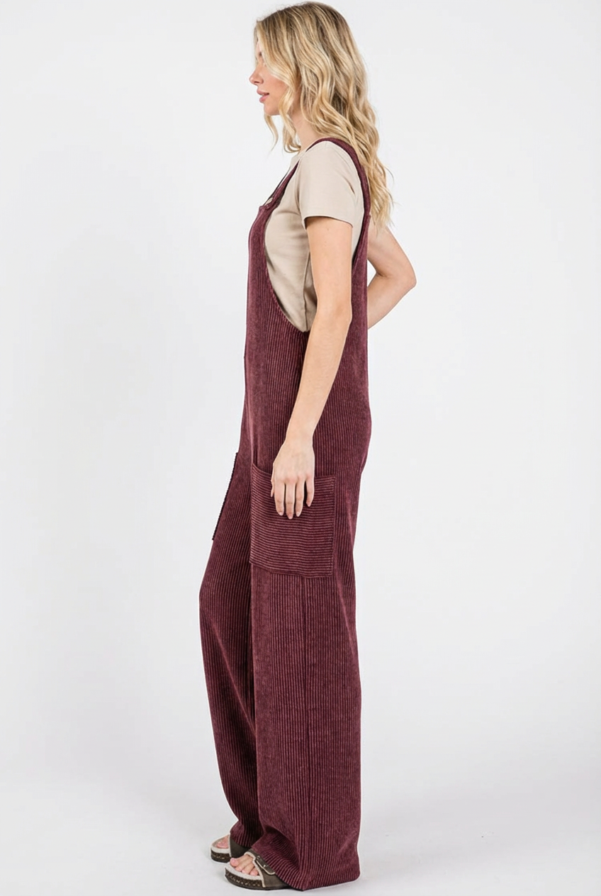 Sleeveless Ribbed Wide Leg Pocket Jumpsuit Women