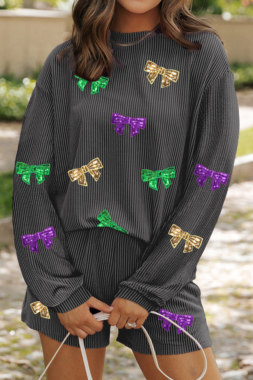 Bowknot Patched Pattern Corded Long Sleeve Top and Shorts Outfit