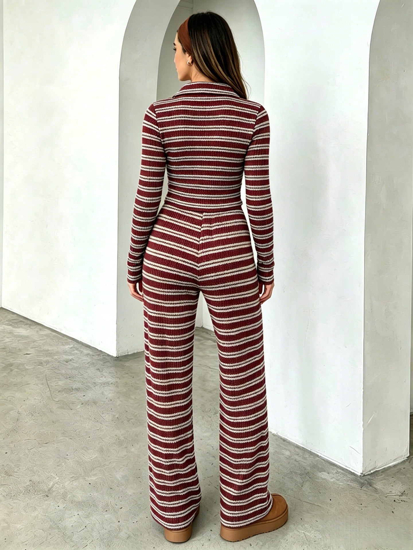 Striped Ribbed Jumpsuit Loungewear Collared Wide Leg Fitted