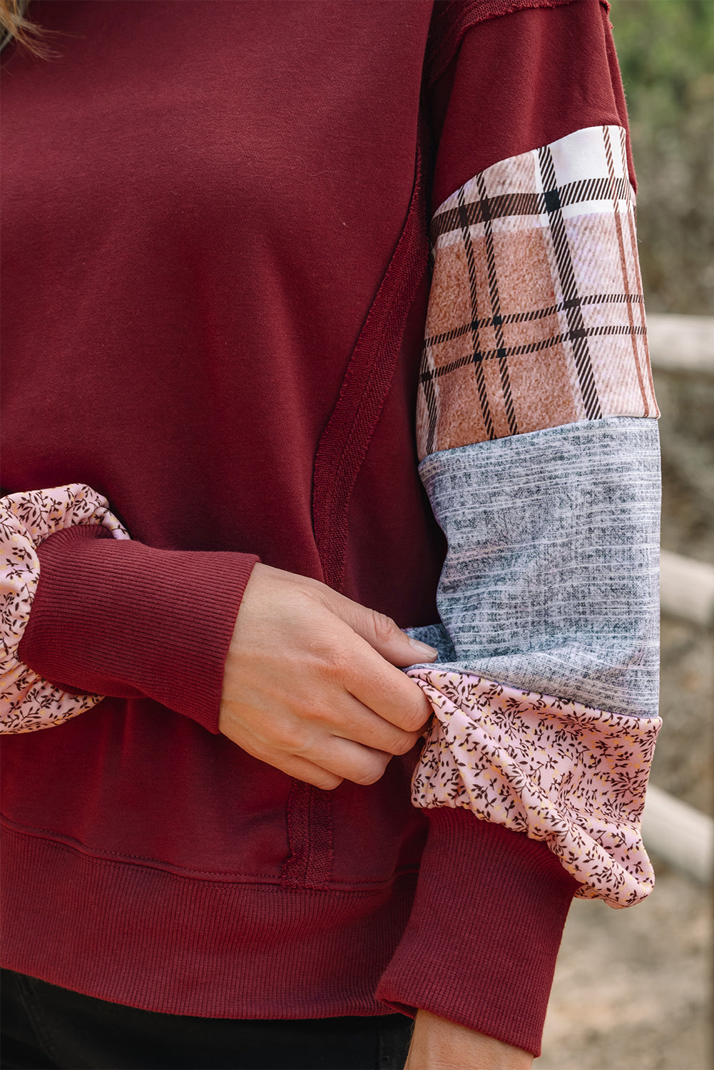 Smoke Gray Plaid Colorblock Patchwork Sleeve Raw Seam Sweatshirt