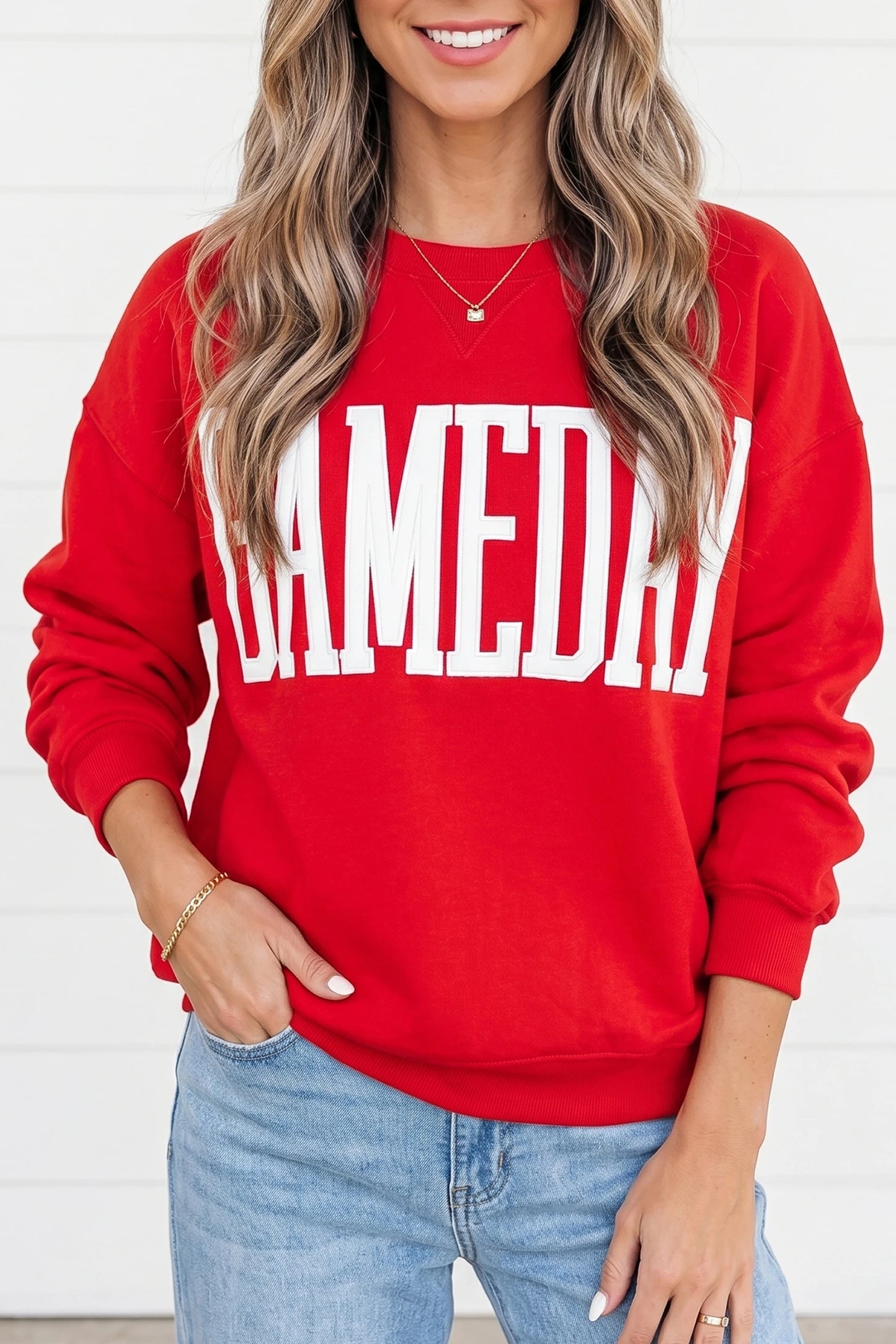 GAMEDAY Embroidered Patch Pattern Casual Shift Sweatshirt
