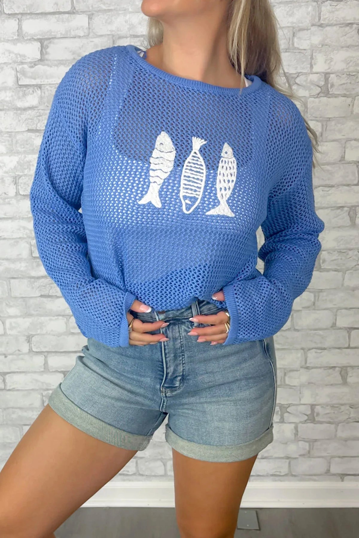 White Open Knit Fish Embroidered Casual Sweater