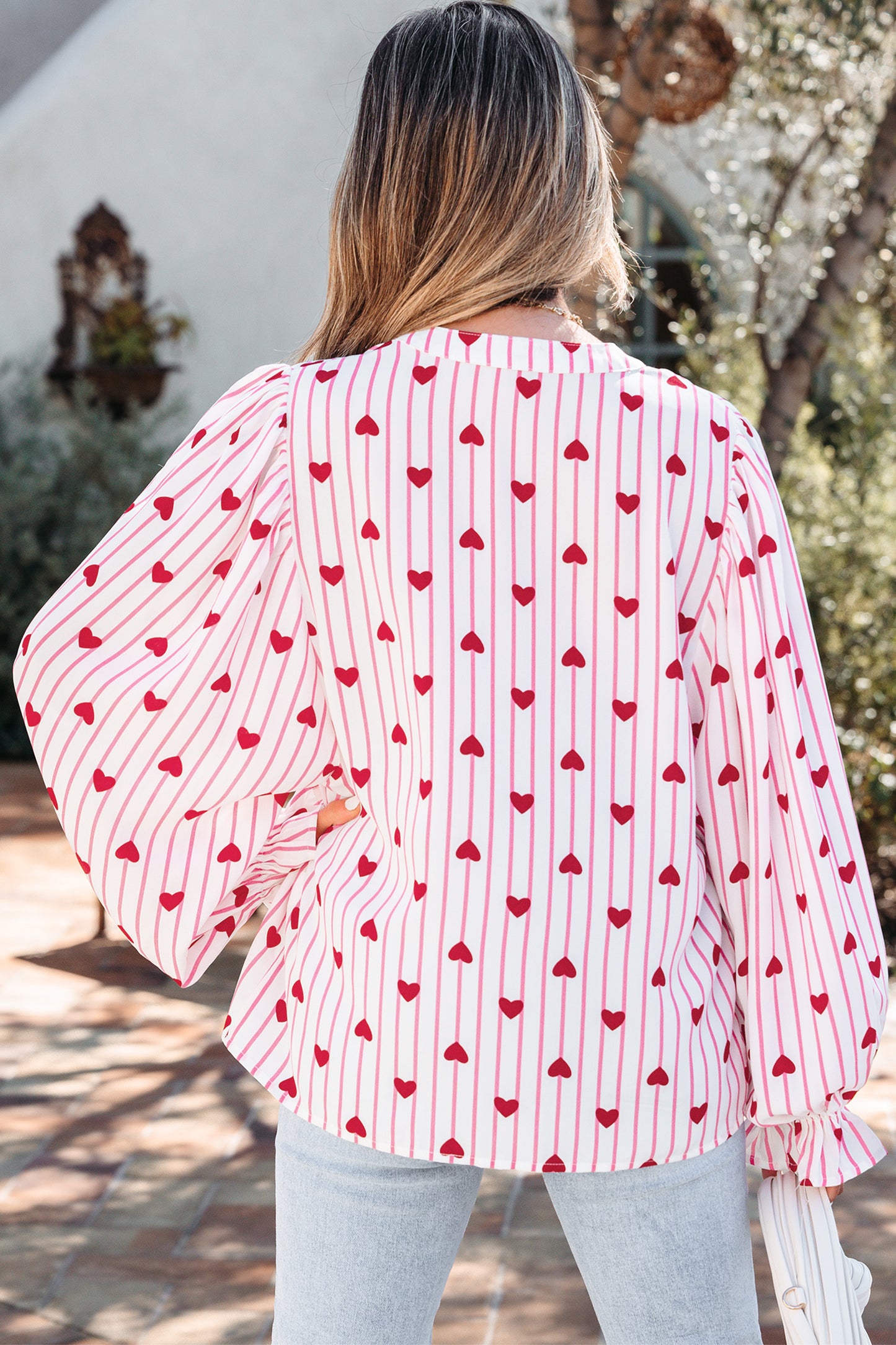 Pink Stripe Textured Heart Print Long Flounce Sleeve Shirt