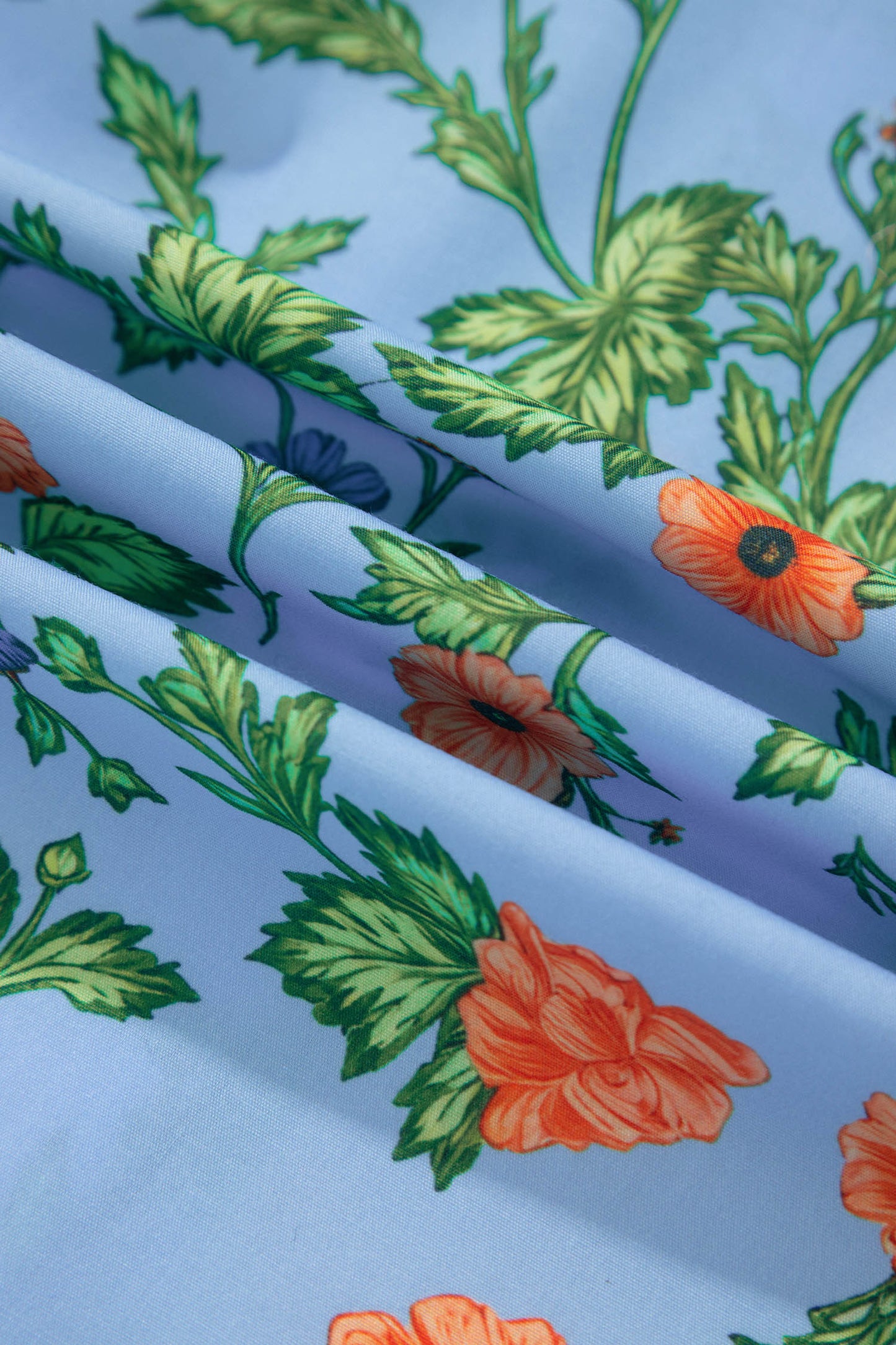Sky Blue Floral Print Bracelet Sleeve Button Down Casual Shirt