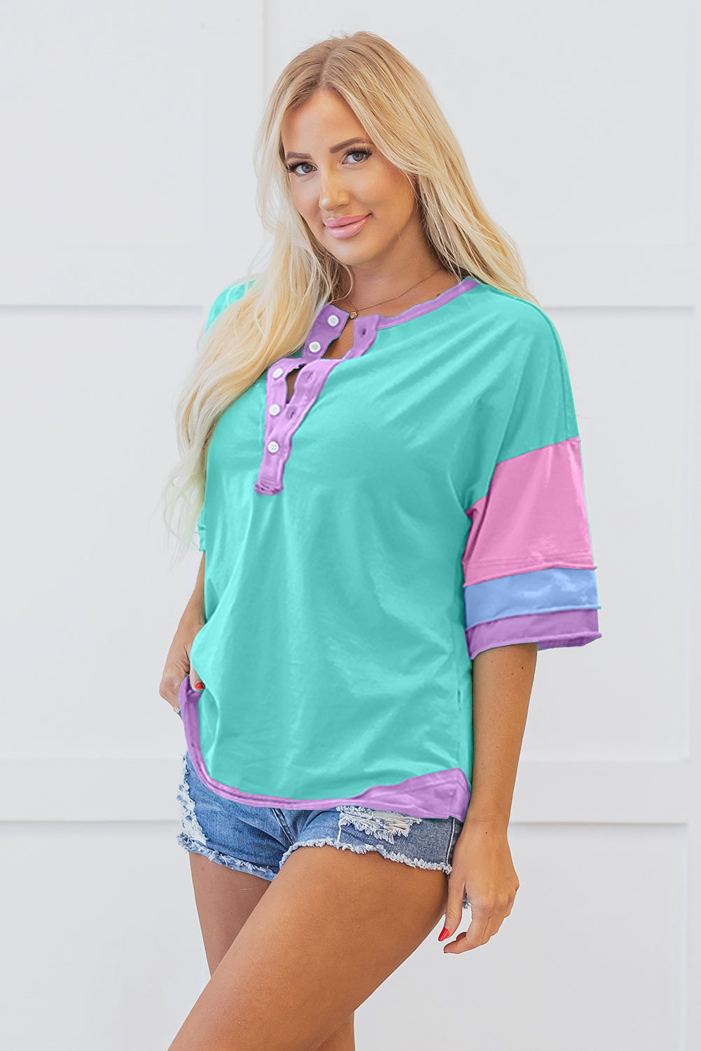 Mint Green Solid Color Half Sleeve Buttons Henley Top