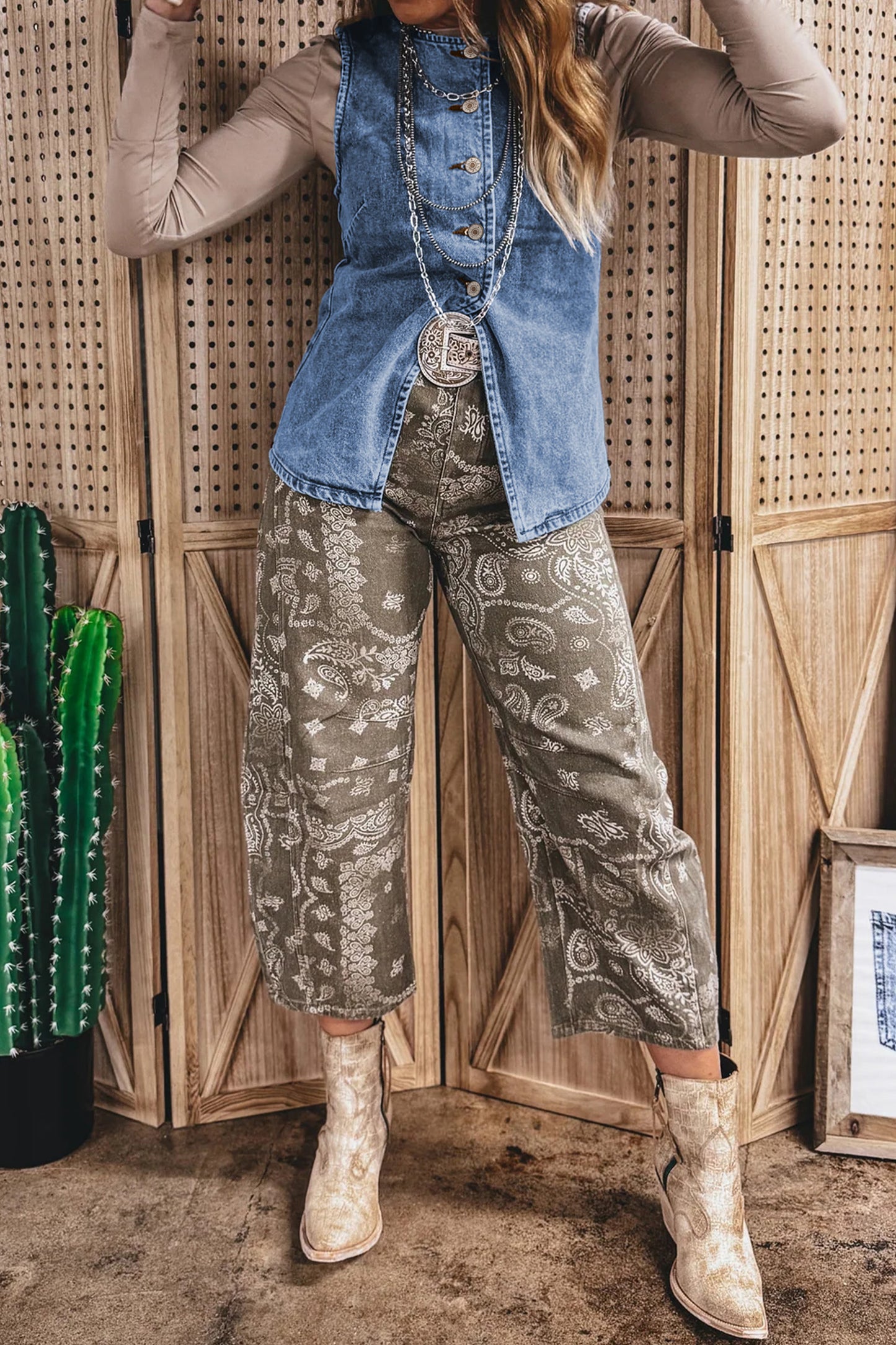 Solid Denim Vest Western Button Front Layering Top