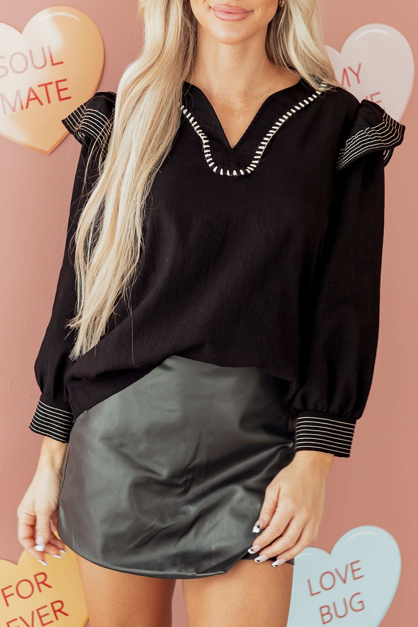 Contrast Stitched Detail V Neck Ruffle Long Sleeve Blouse