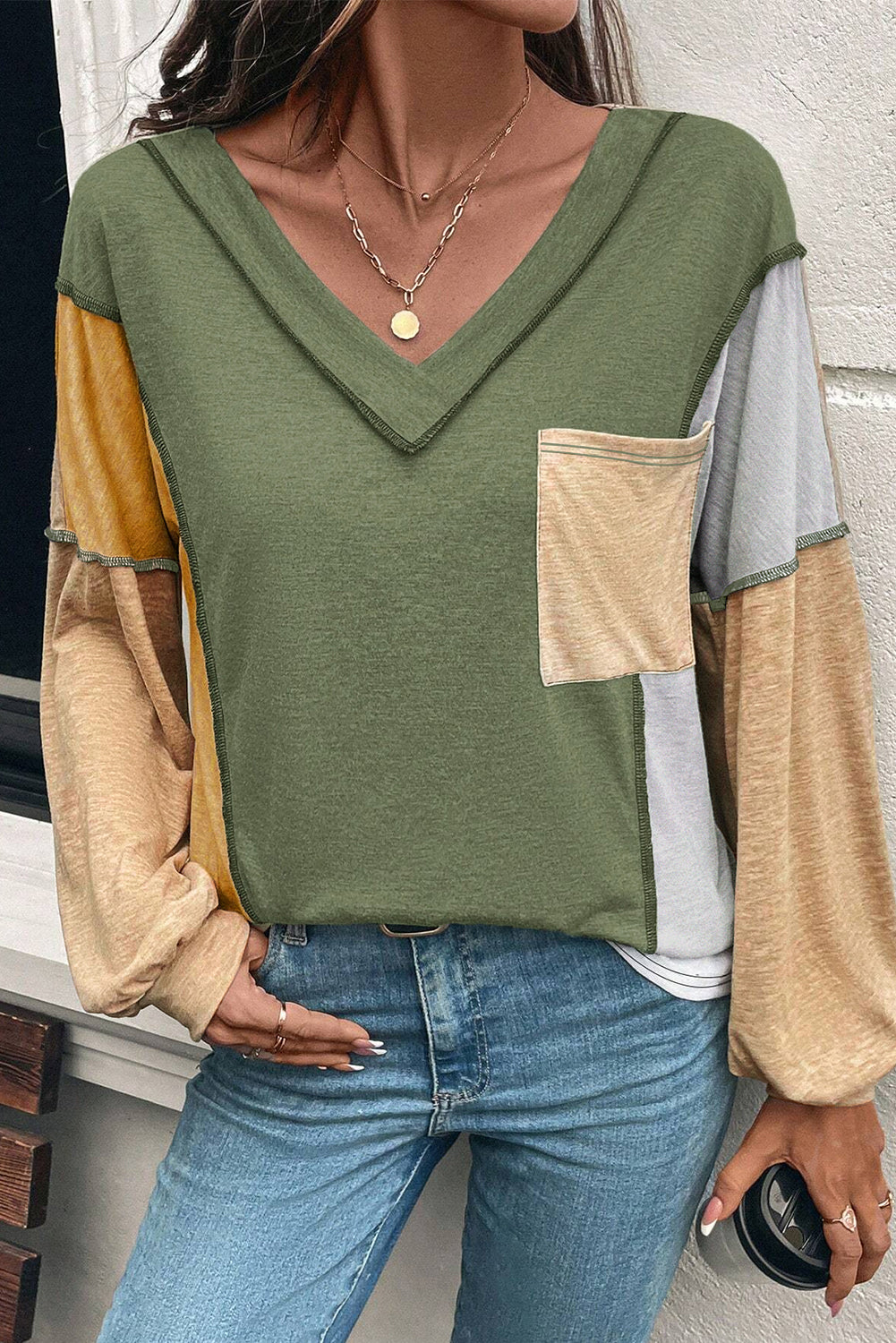 Four Leaf Clover Exposed Stitching Colorblock V Neck Long Sleeve Top