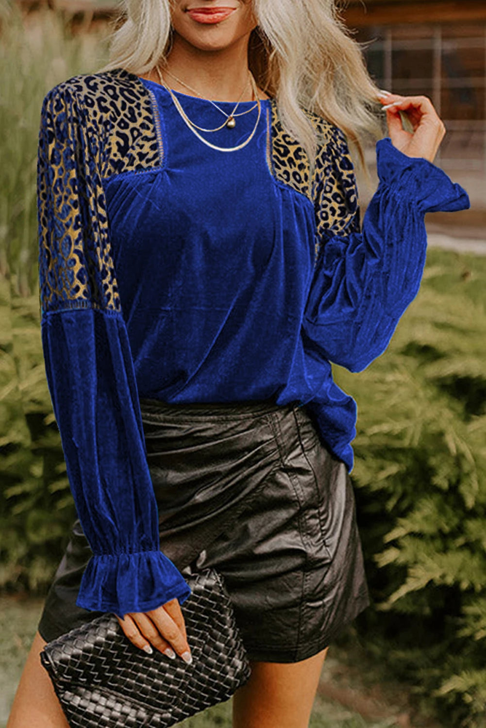 Sky Blue Leopard Patchwork Shoulder Flounce Sleeve Velvet Blouse
