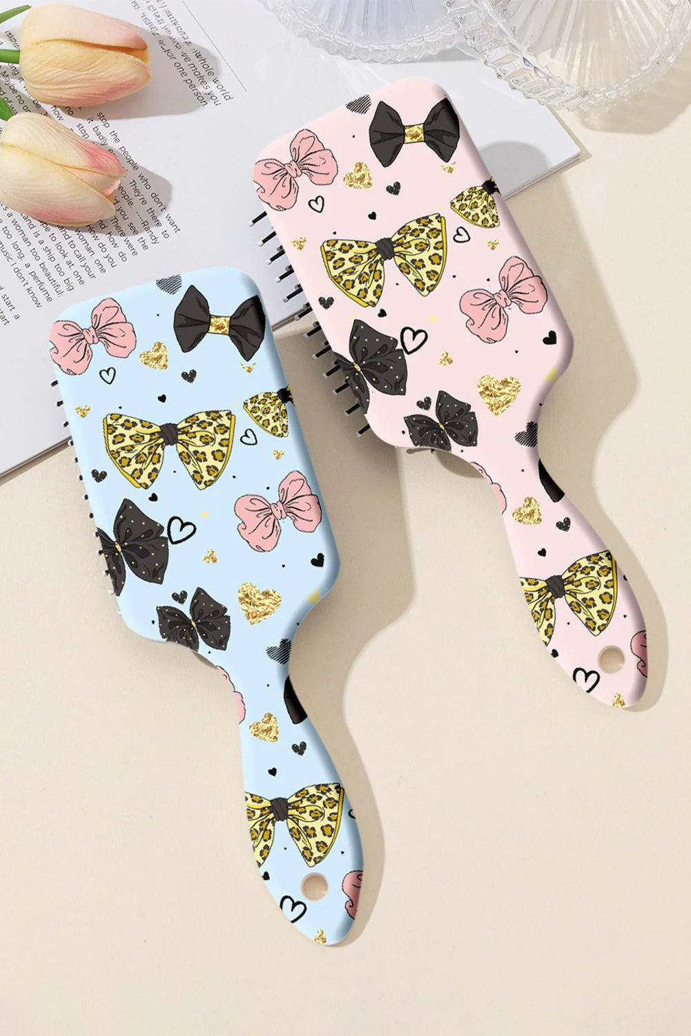 Pink Leopard Diverse Bow Printed Large Detangle Comb