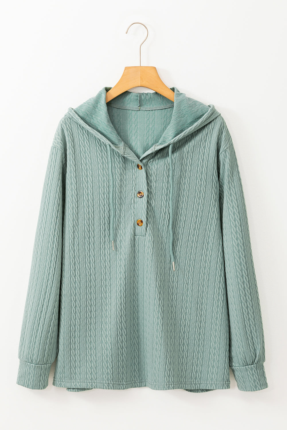 Button Front Textured Drawstring Hooded Long Sleeve Top