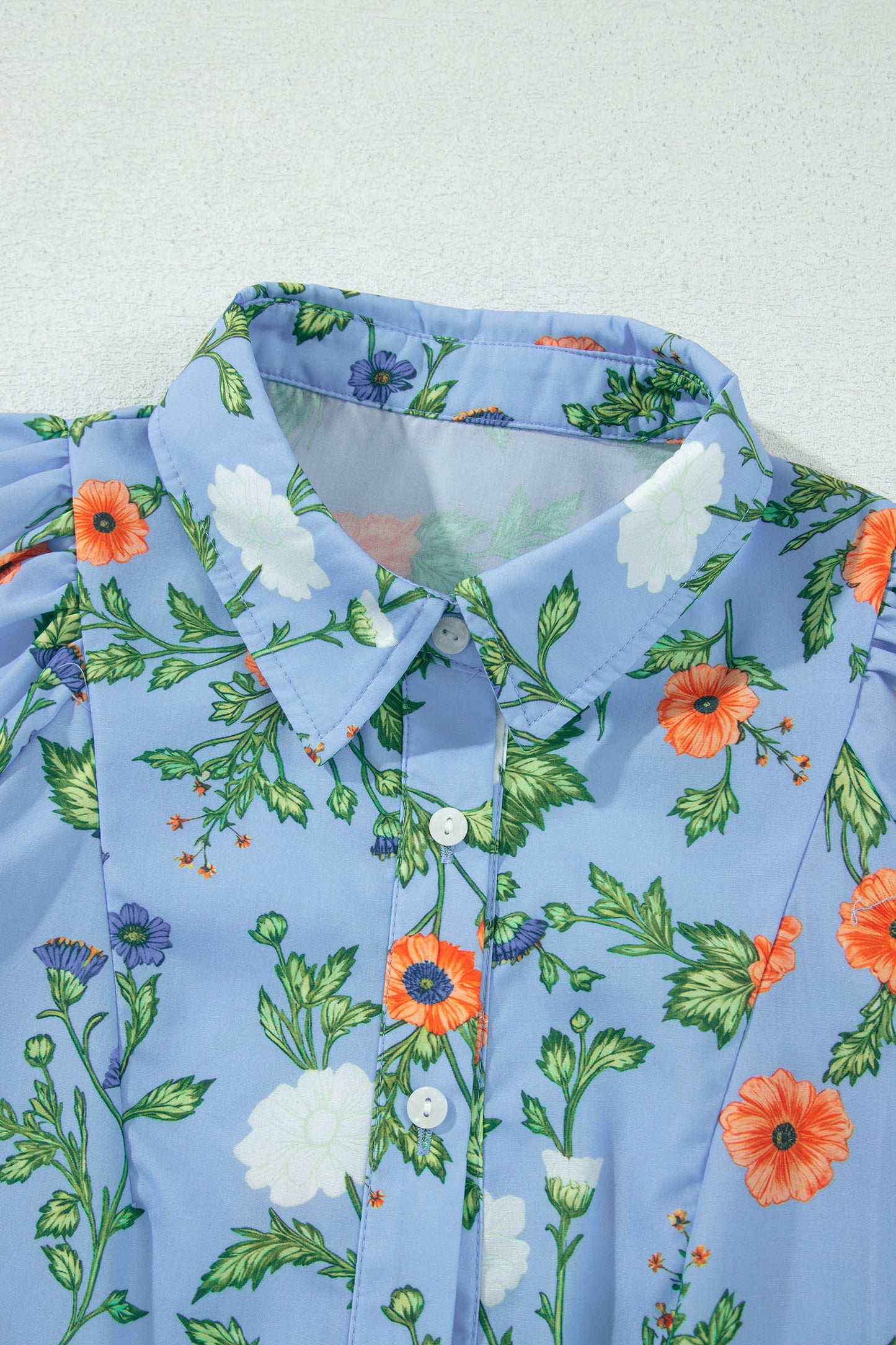 Sky Blue Floral Print Bracelet Sleeve Button Down Casual Shirt