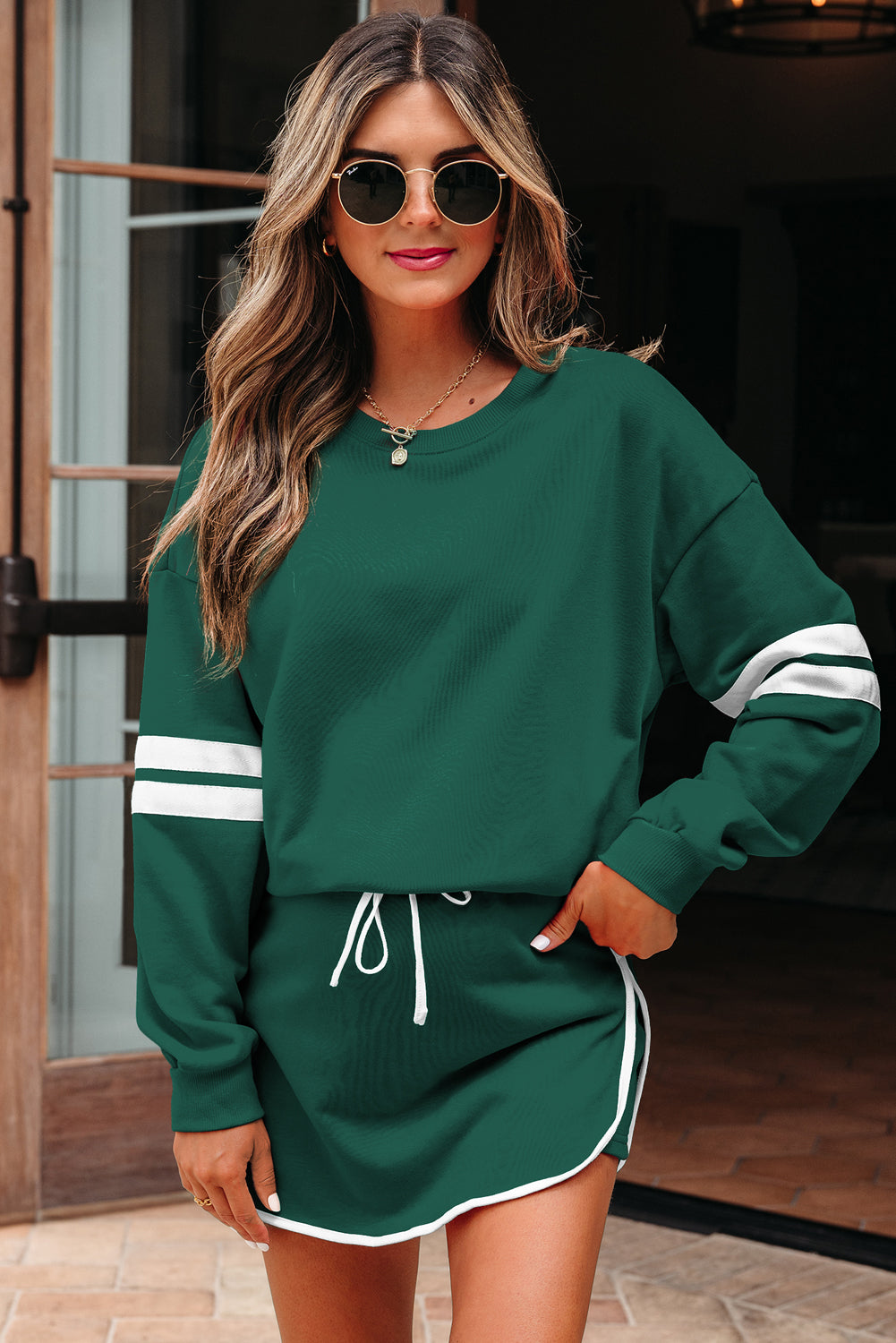 Orange Varsity Stripe Detail Drop Shoulder Pullover Mini Skirt Set