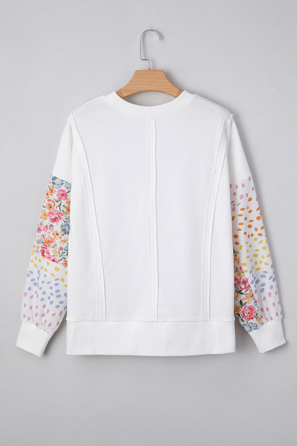 White Floral Dotted Mixed Print Patchwork Sleeve High Low Casual Sweatshirt