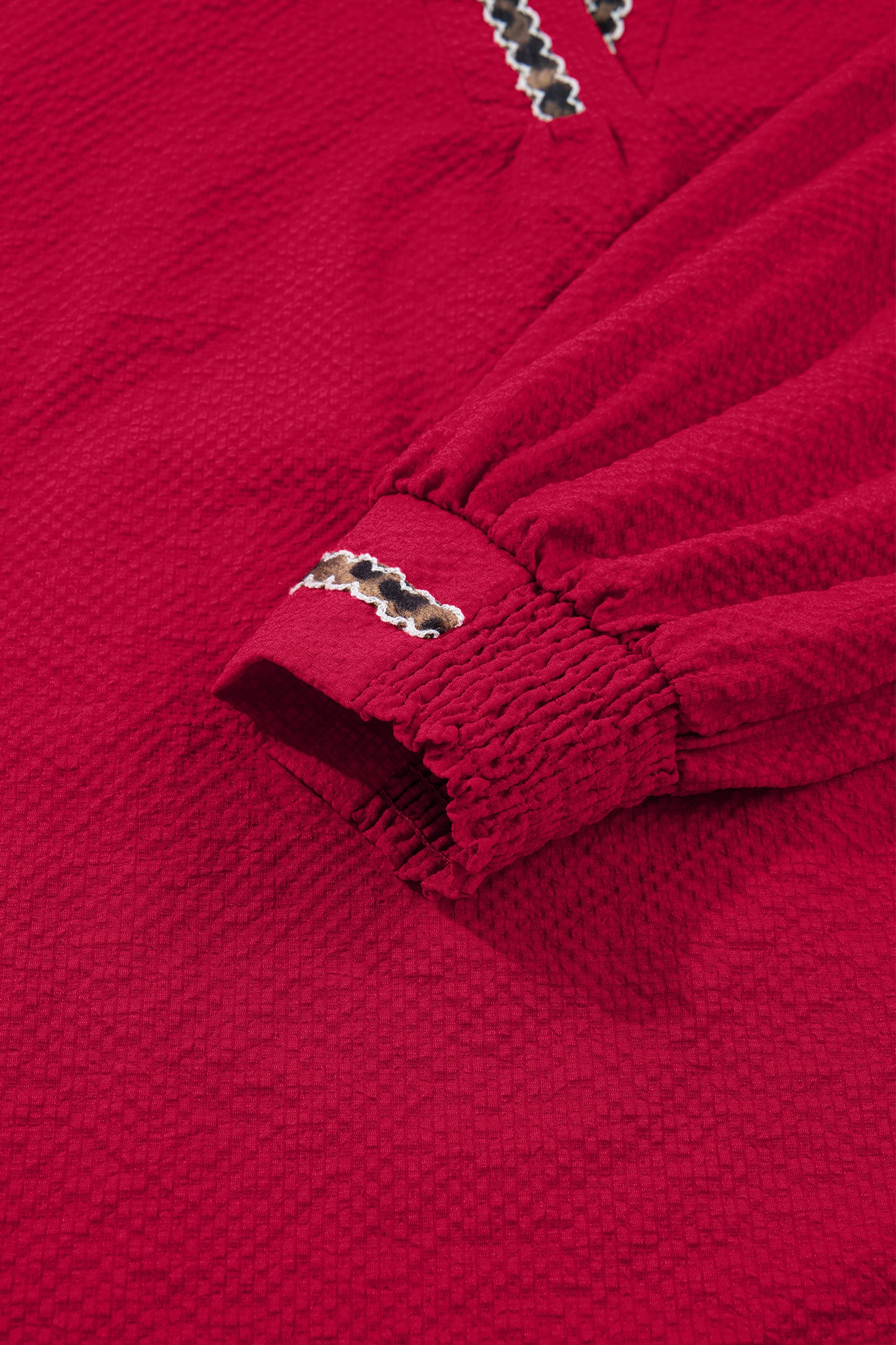 Racing Red Leopard Jacquard Print V Neck Textured Blouse
