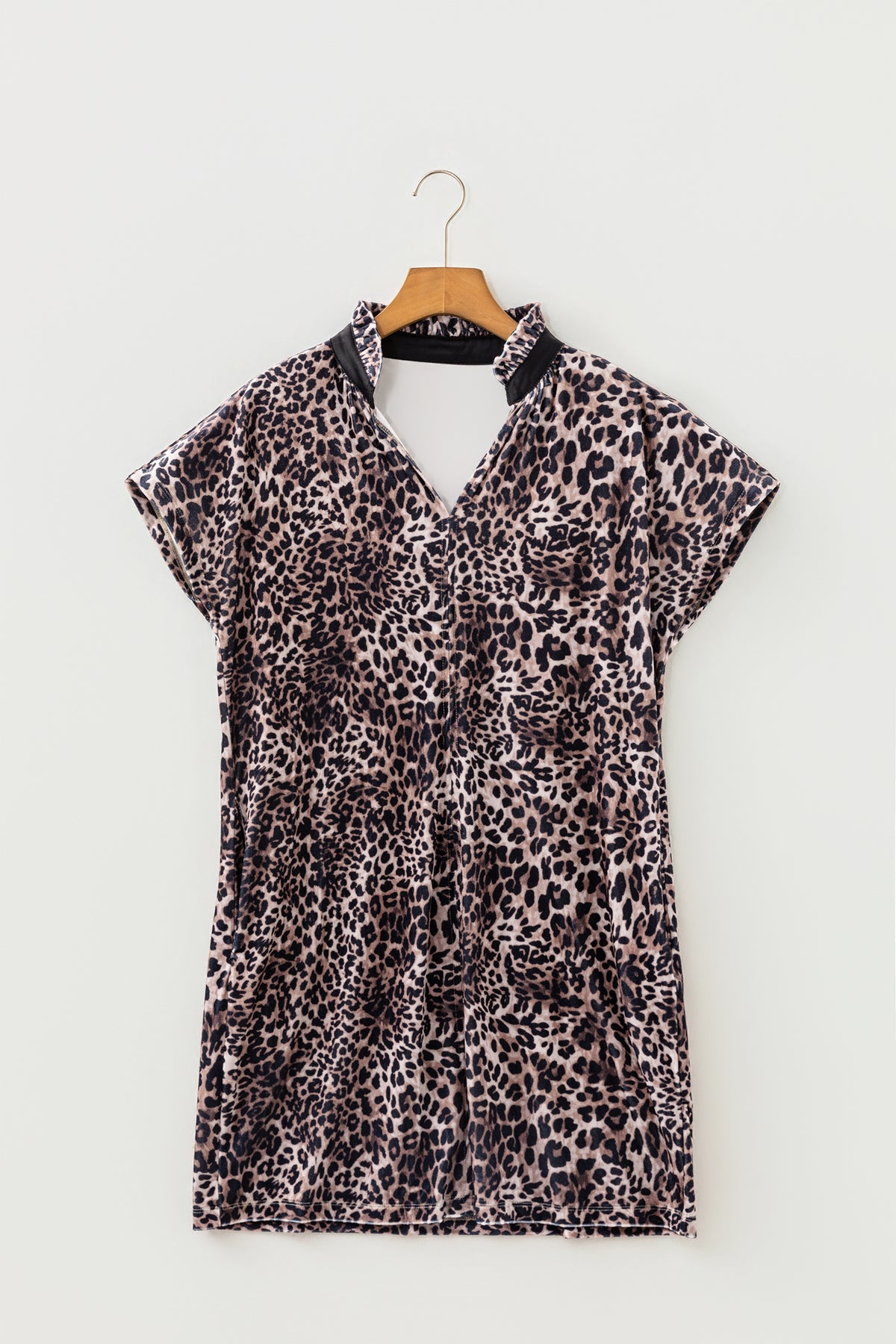 Brown Leopard Print Short Sleeve Mini Shift Silhouette Dress