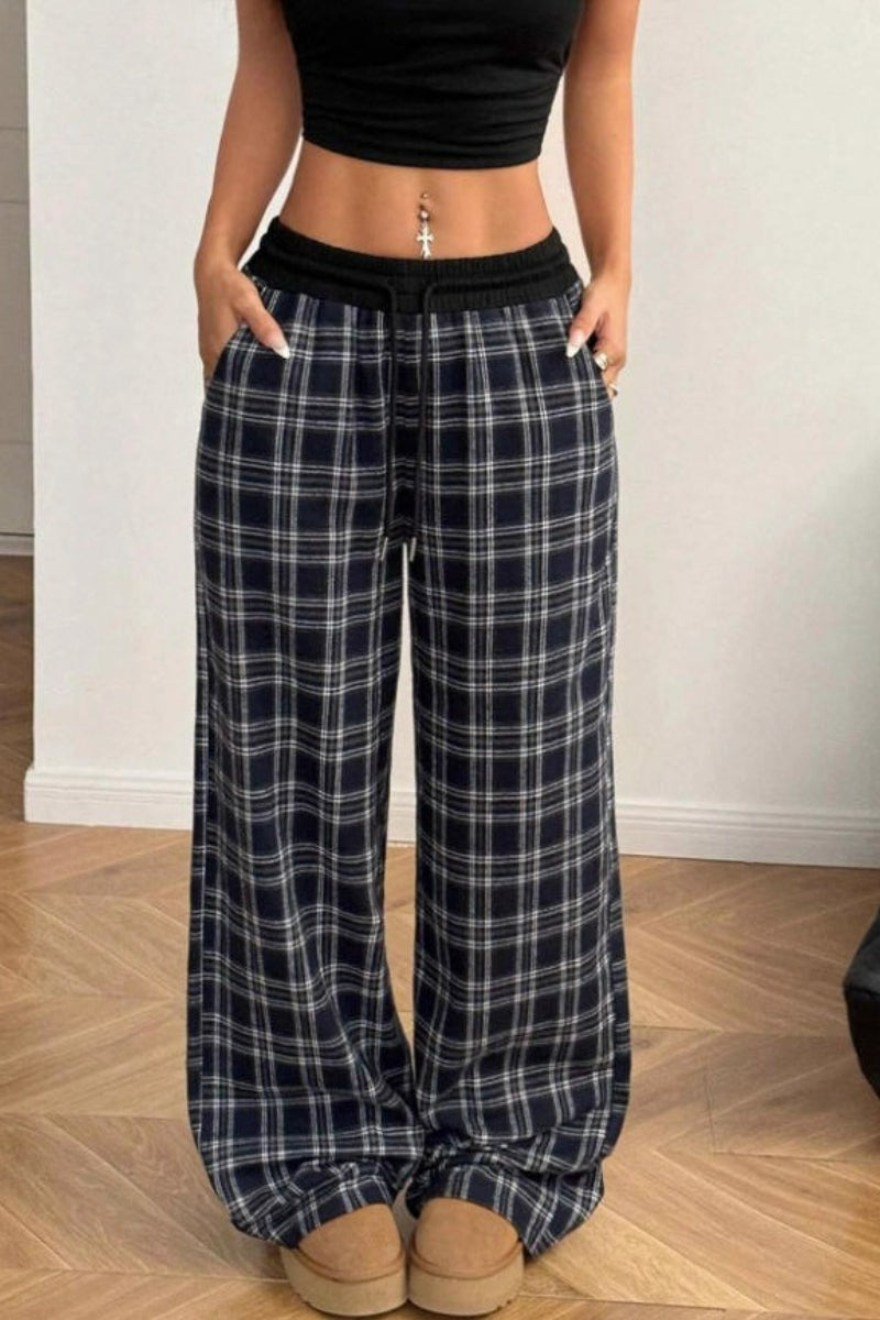 Plaid Wide Leg Pants Drawstring Elastic Waist Casual