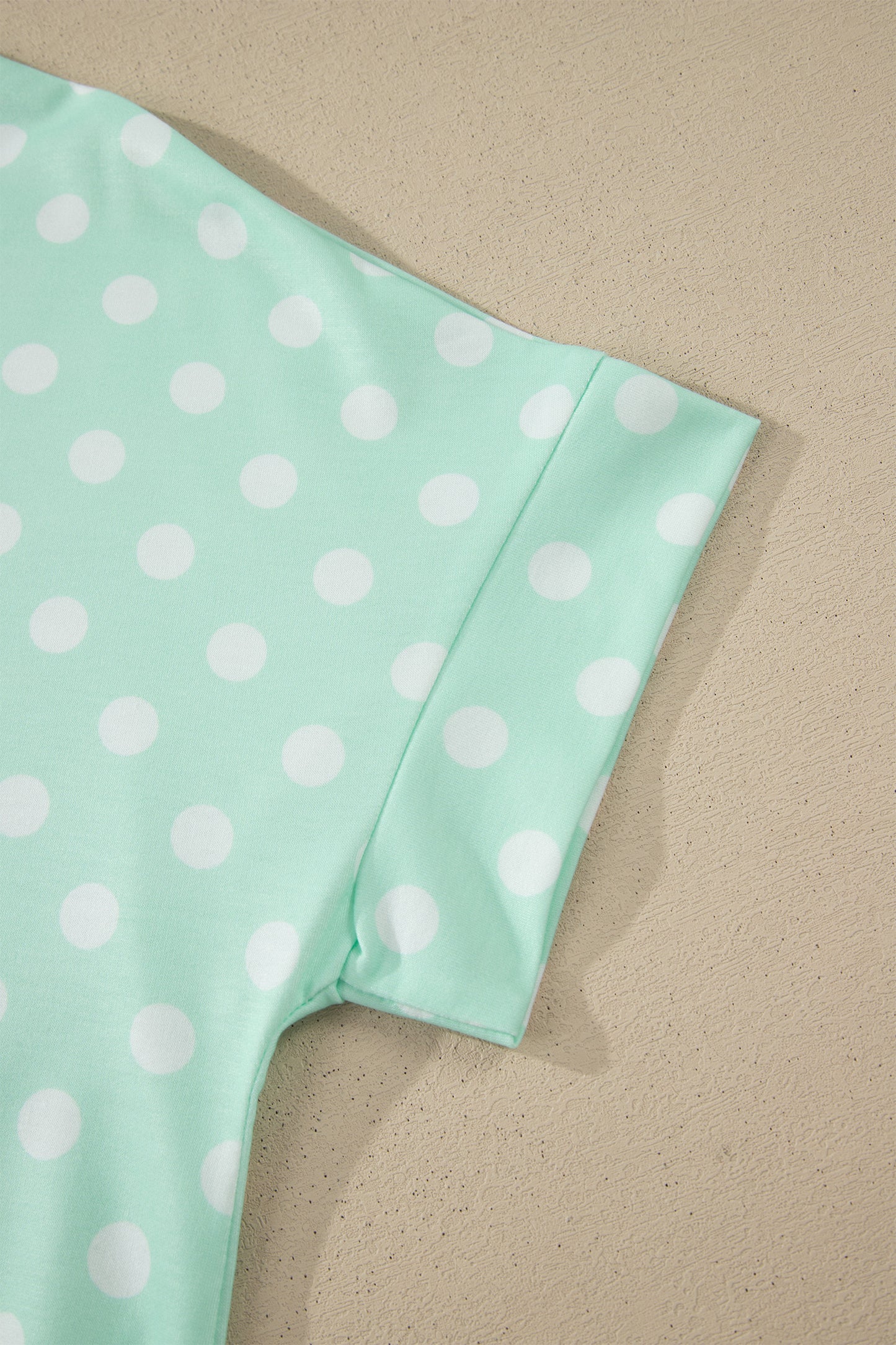 Sky Blue Polka Dot Print Color Block Trim Mock Neck Short Set