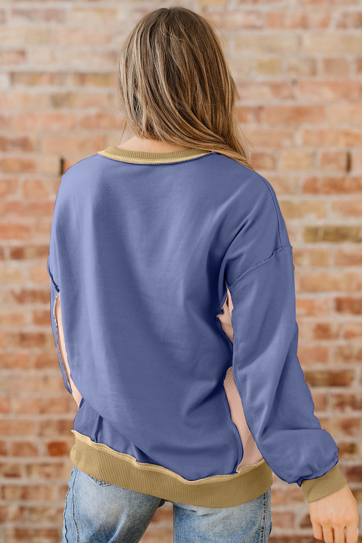 Color Block Mix Texture Waffle Patchwork Oversize Sweatshirt