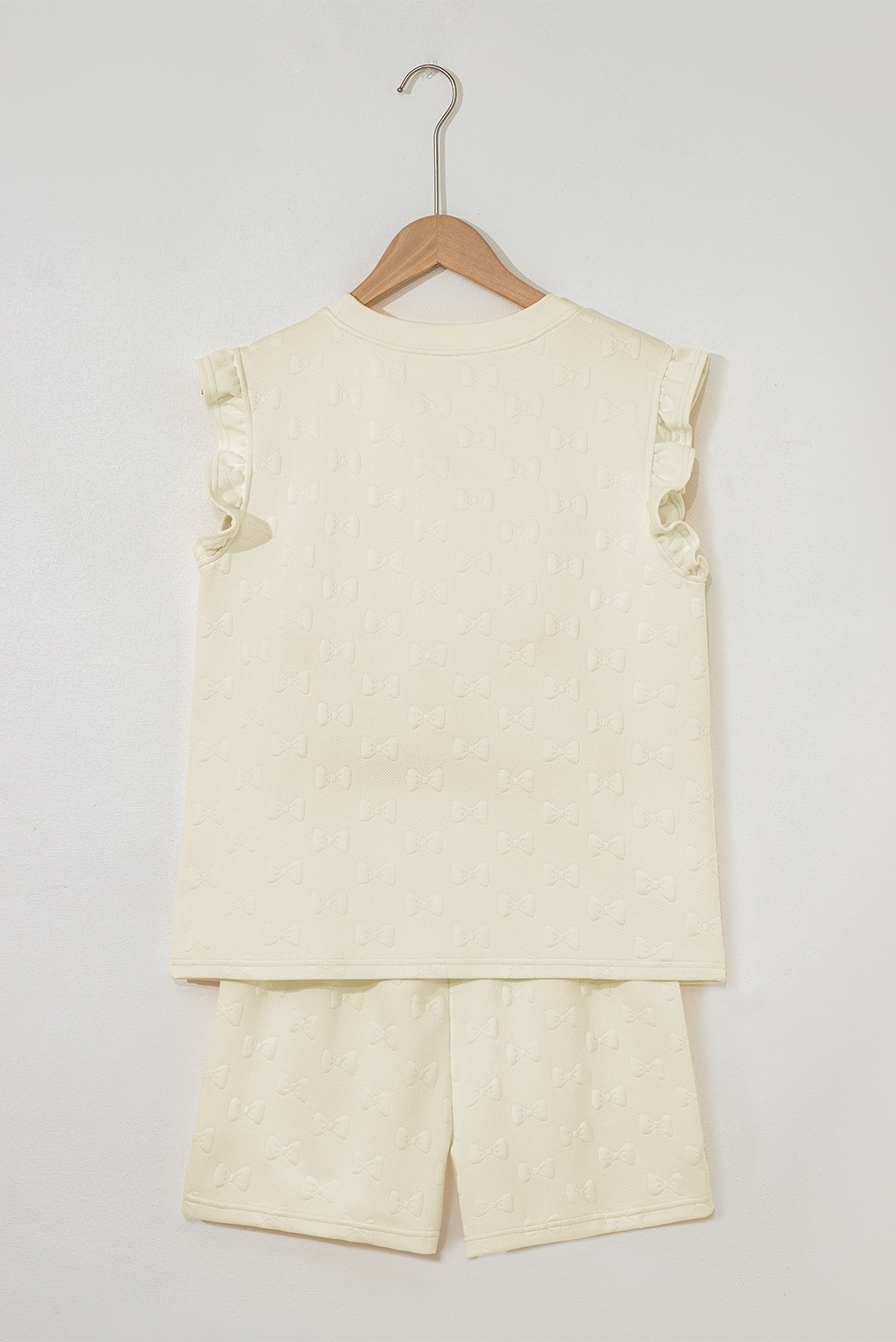 Pink Bow Jacquard Ruffle Sleeve Short 2pcs Outfit