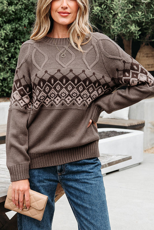 Light French Beige Western Geometric Patterned Crew Neck Knitted Sweater