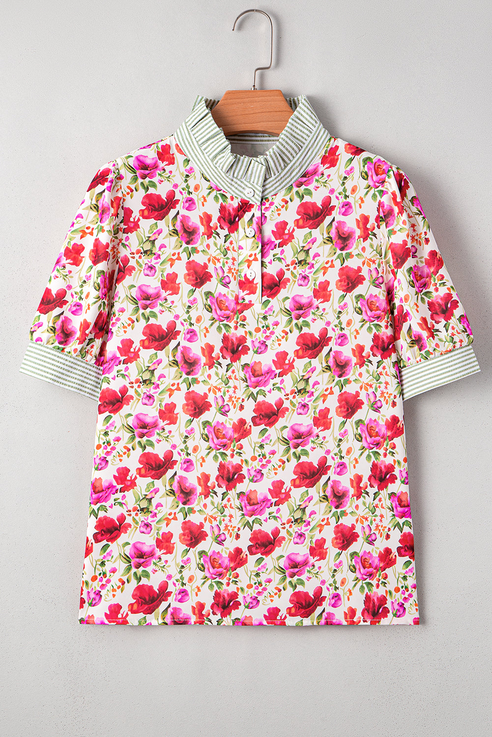 Red Floral Print Striped Patchwork Collared Short Sleeve Blouse