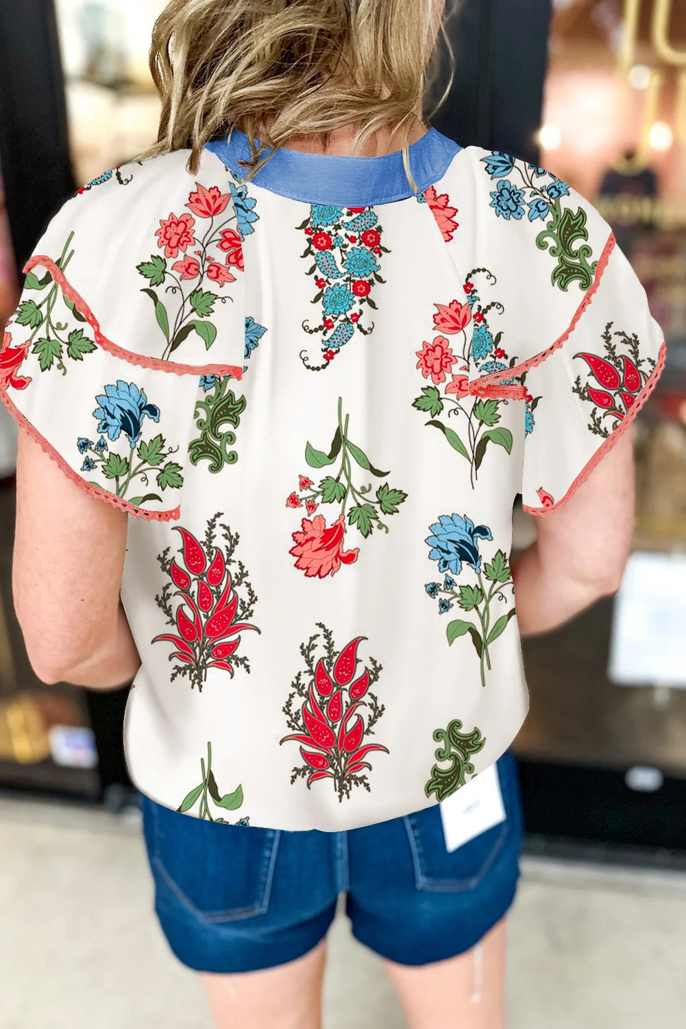 White Floral Print Contrast V Neck Tassel Tie Lace Detail Short Sleeve Blouse