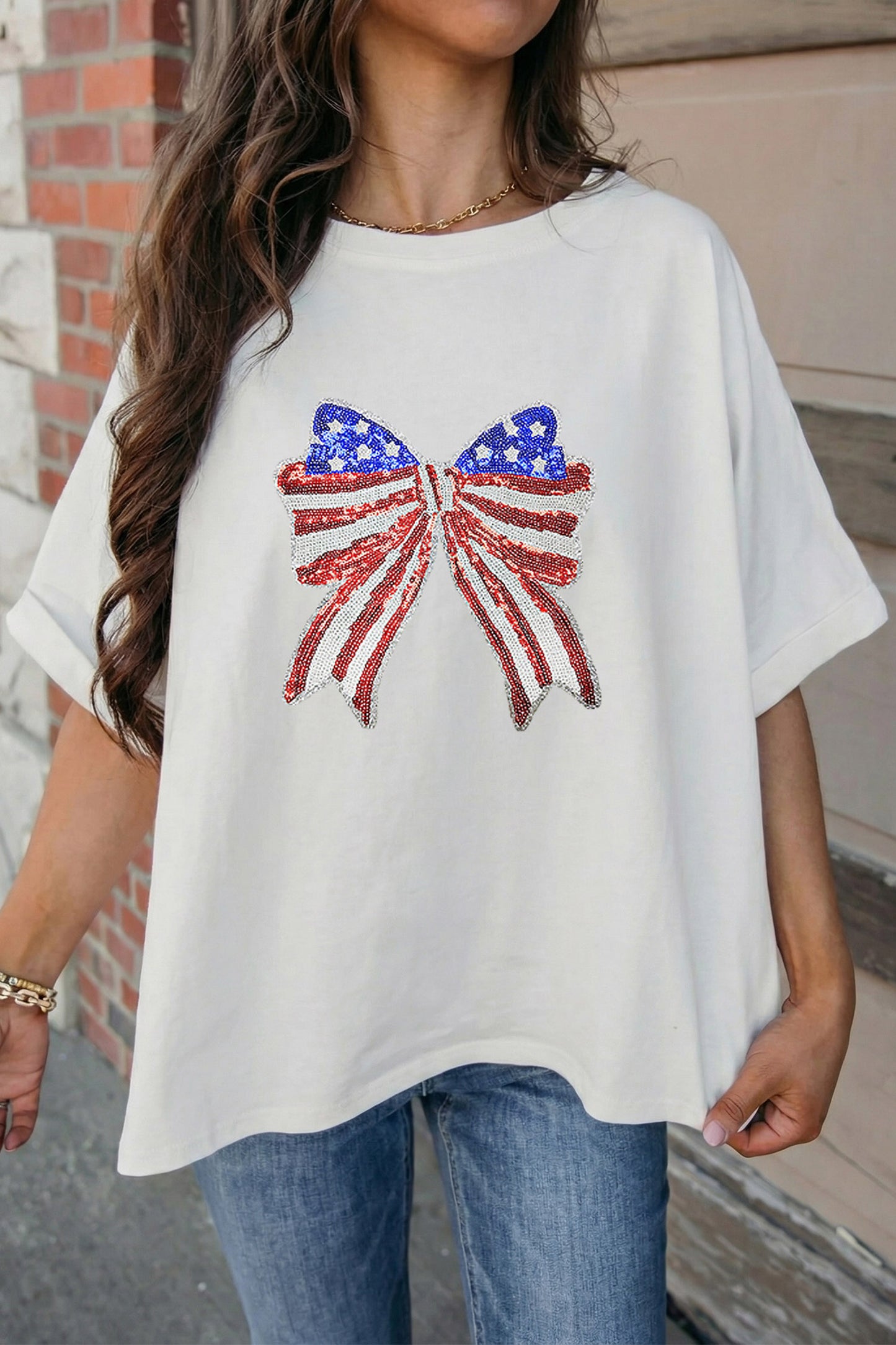 Sequin Cotton Graphic Tee Patriotic Bow Boutique Top
