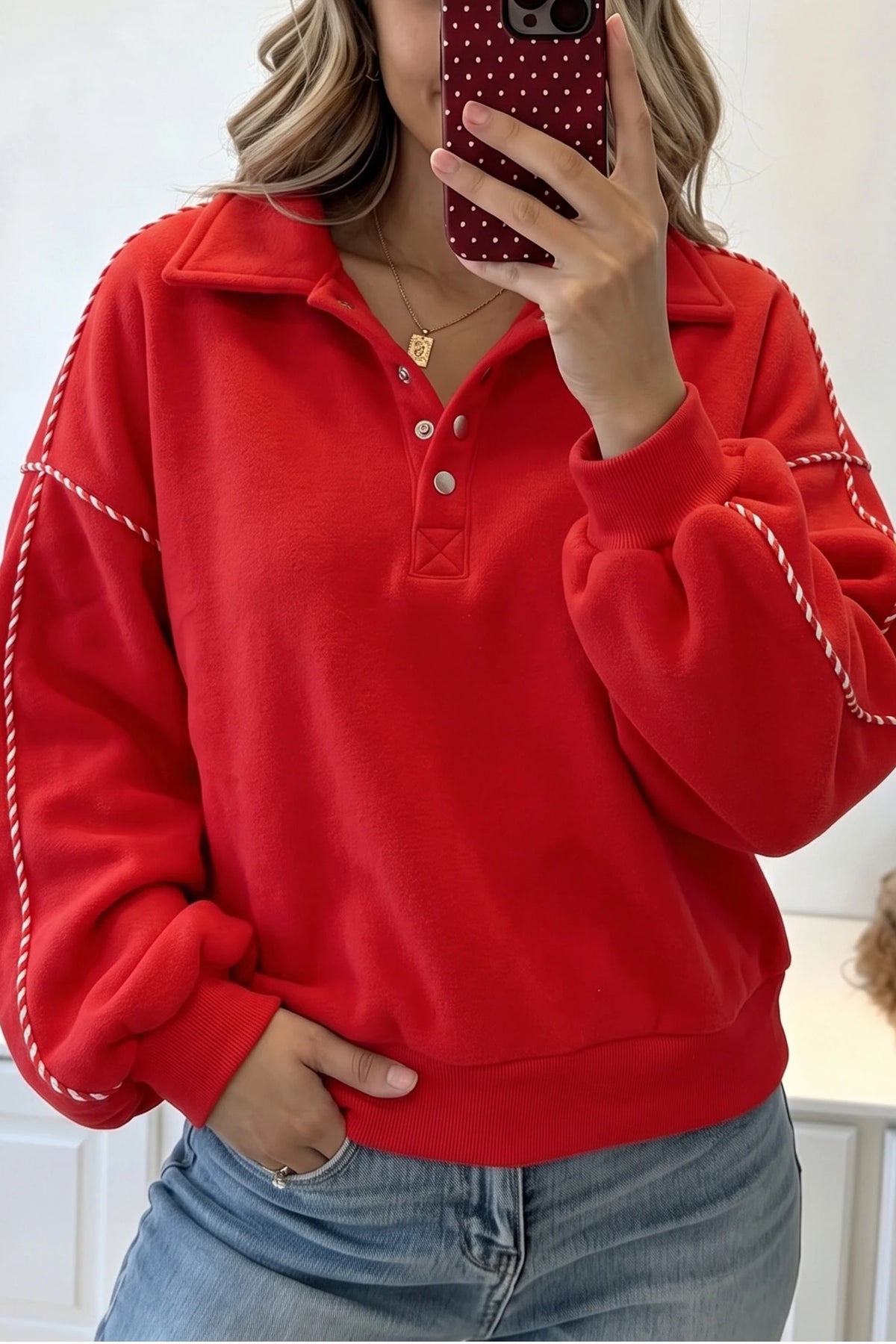 Fiery Red Snap Button Sleeve Candy Cane Lane Detail Pullover Sweatshirt