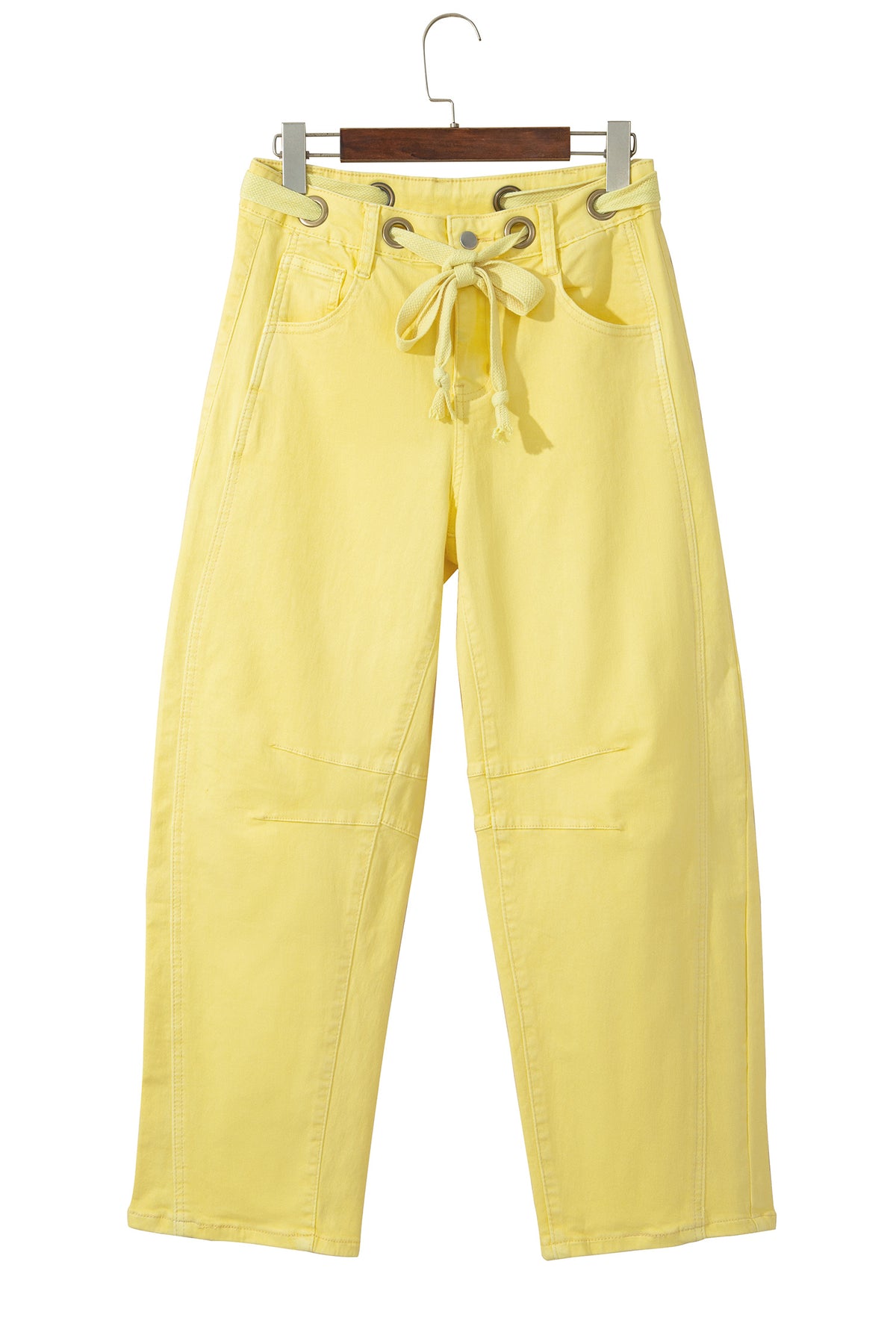 Yellow Solid Color Grommet Detail Knot Waist Barrel Jeans