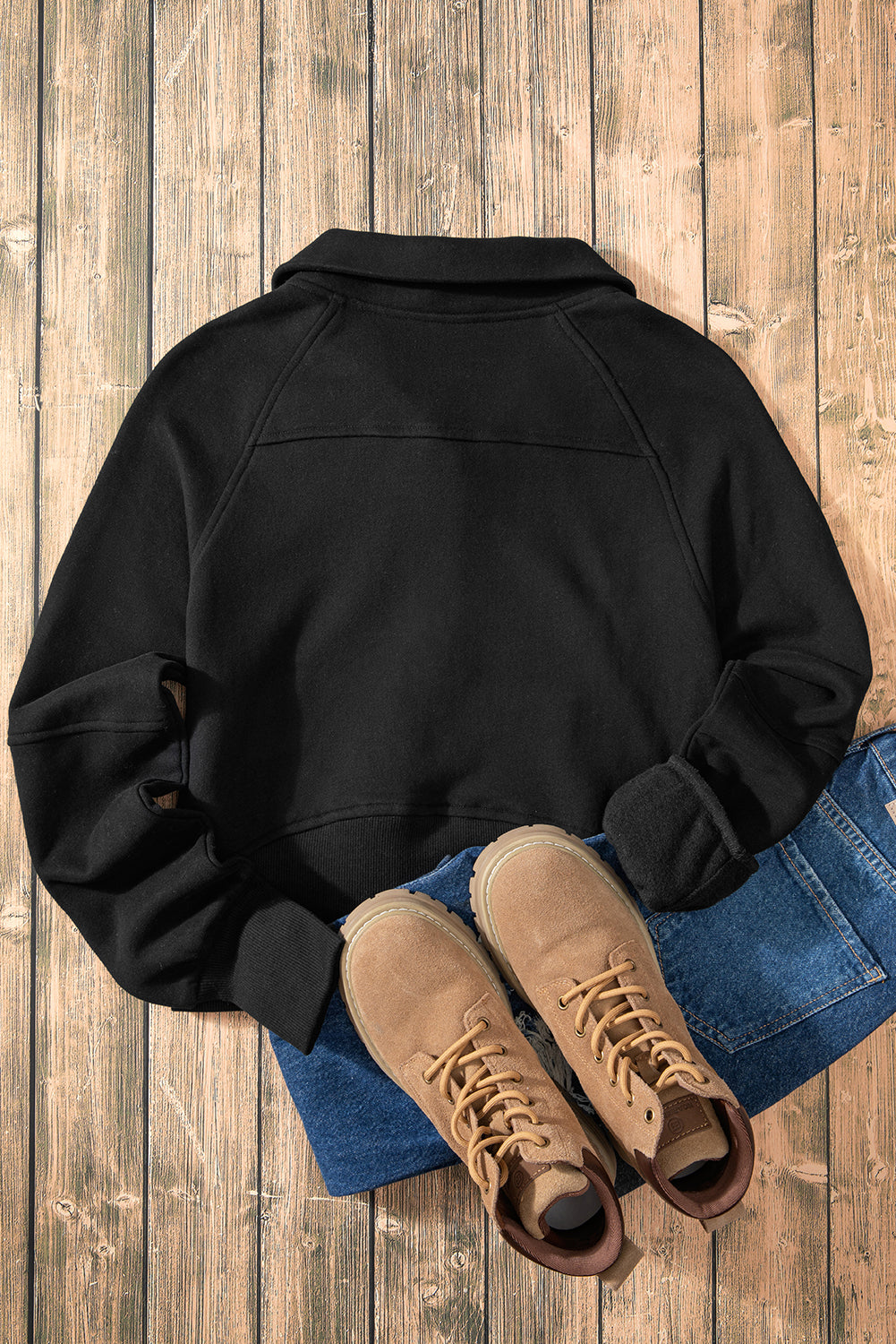 Black Zip Up Stand Collar Ribbed Thumbhole Sleeve Sweatshirt