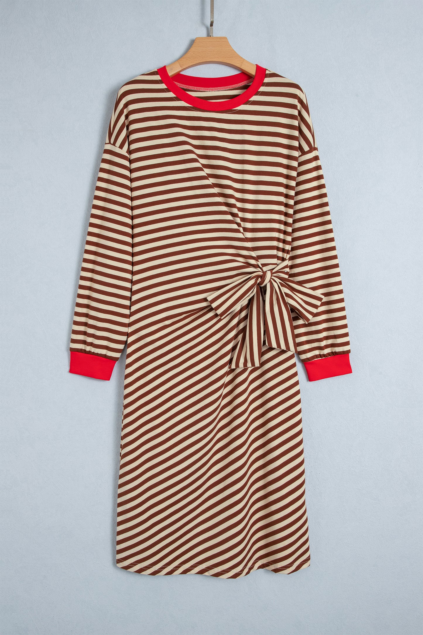 Khaki Stripe Striped Colorblock Cuffs Round Neck Long Sleeve Shift Dress