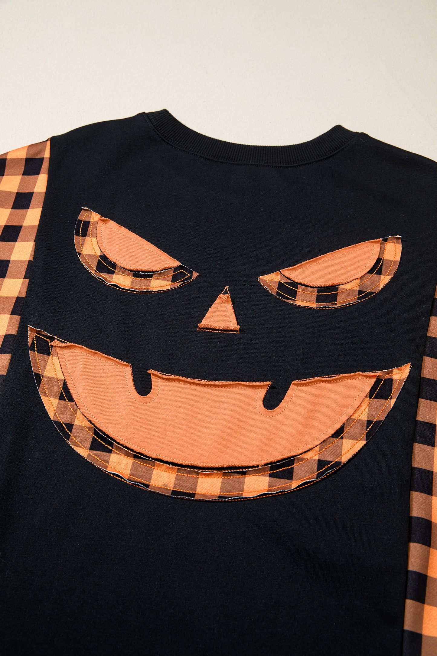 Black Patchwork Plaid Pumpkin Face Long Sleeve Top