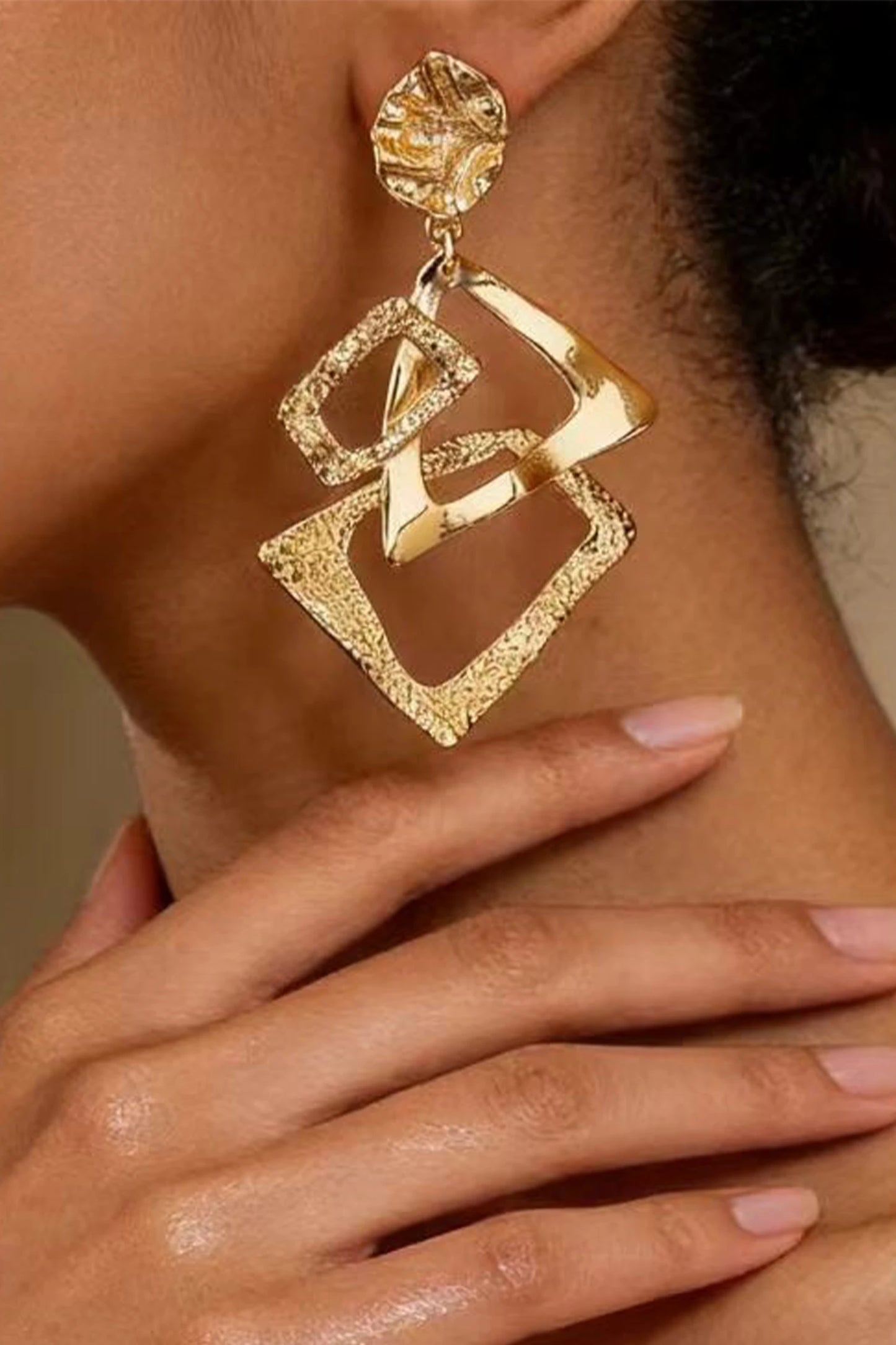 Gold Daring Studded Geometric Dangle Earrings