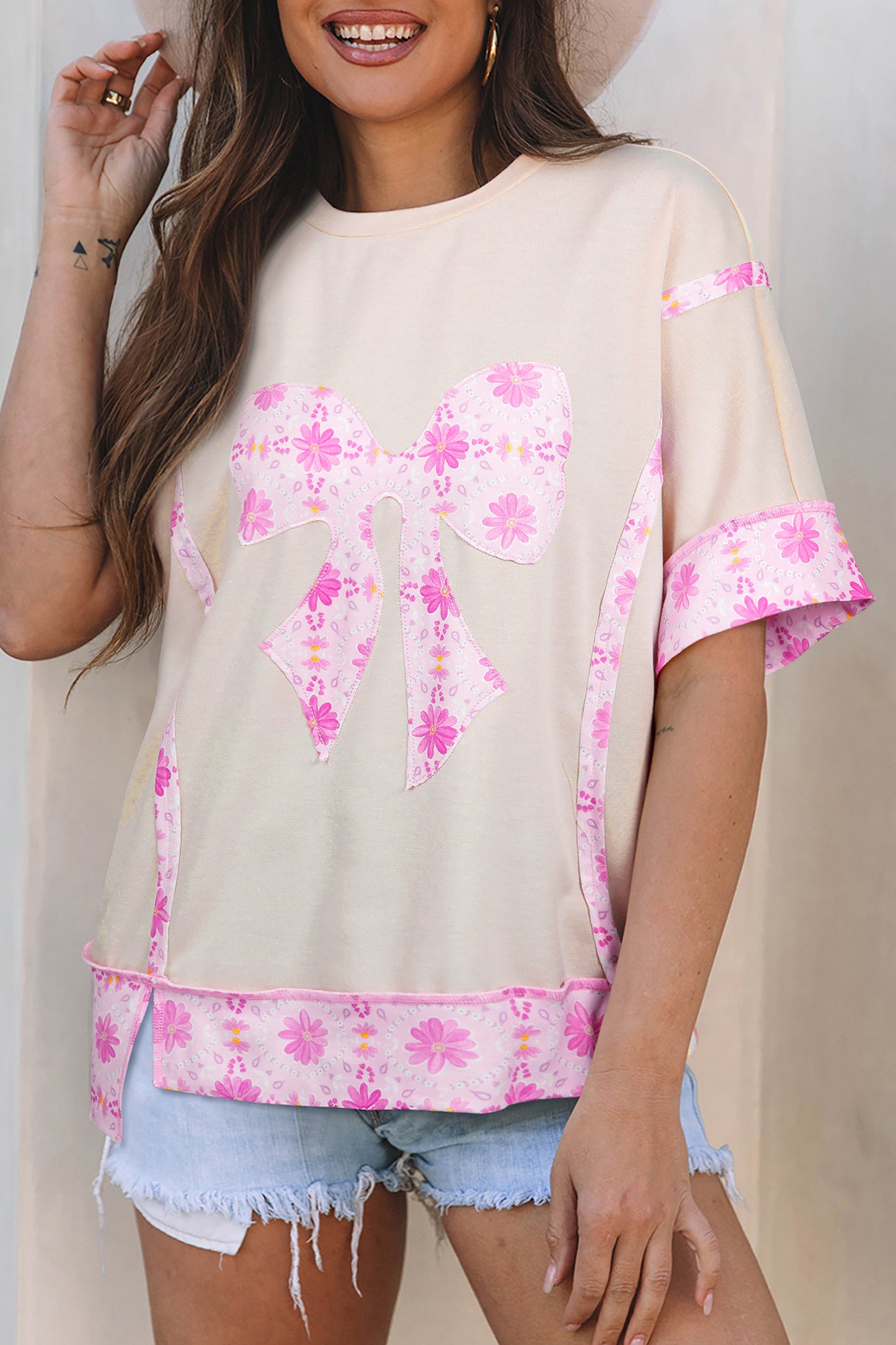 Floral Bow Patchwork Tee Oversized Boutique Casual Top