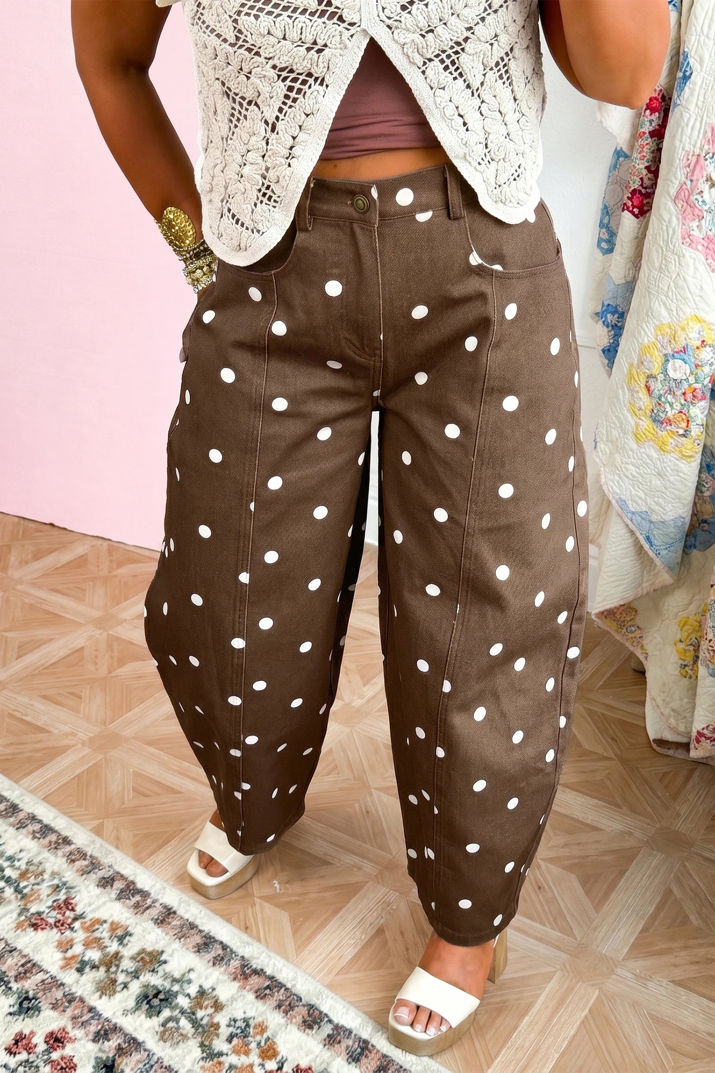 Polka Dot Cotton Jeans Casual High Waist Wide Leg