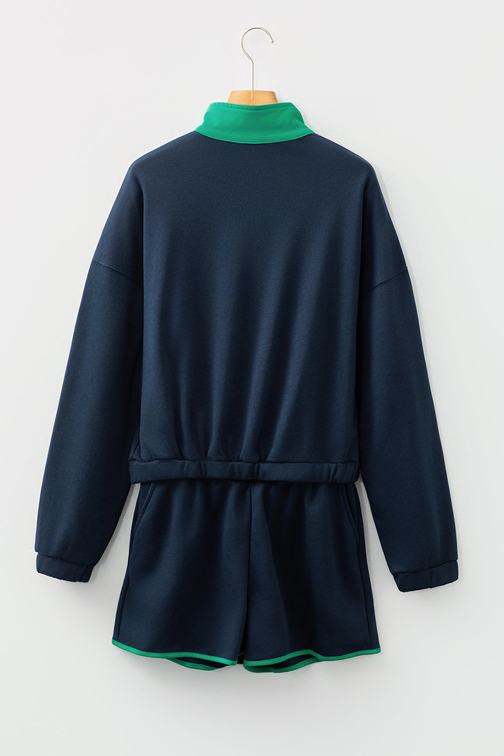 Yellow Color Block Patchwork Half Button Pullover and Shorts 2pcs Outfit