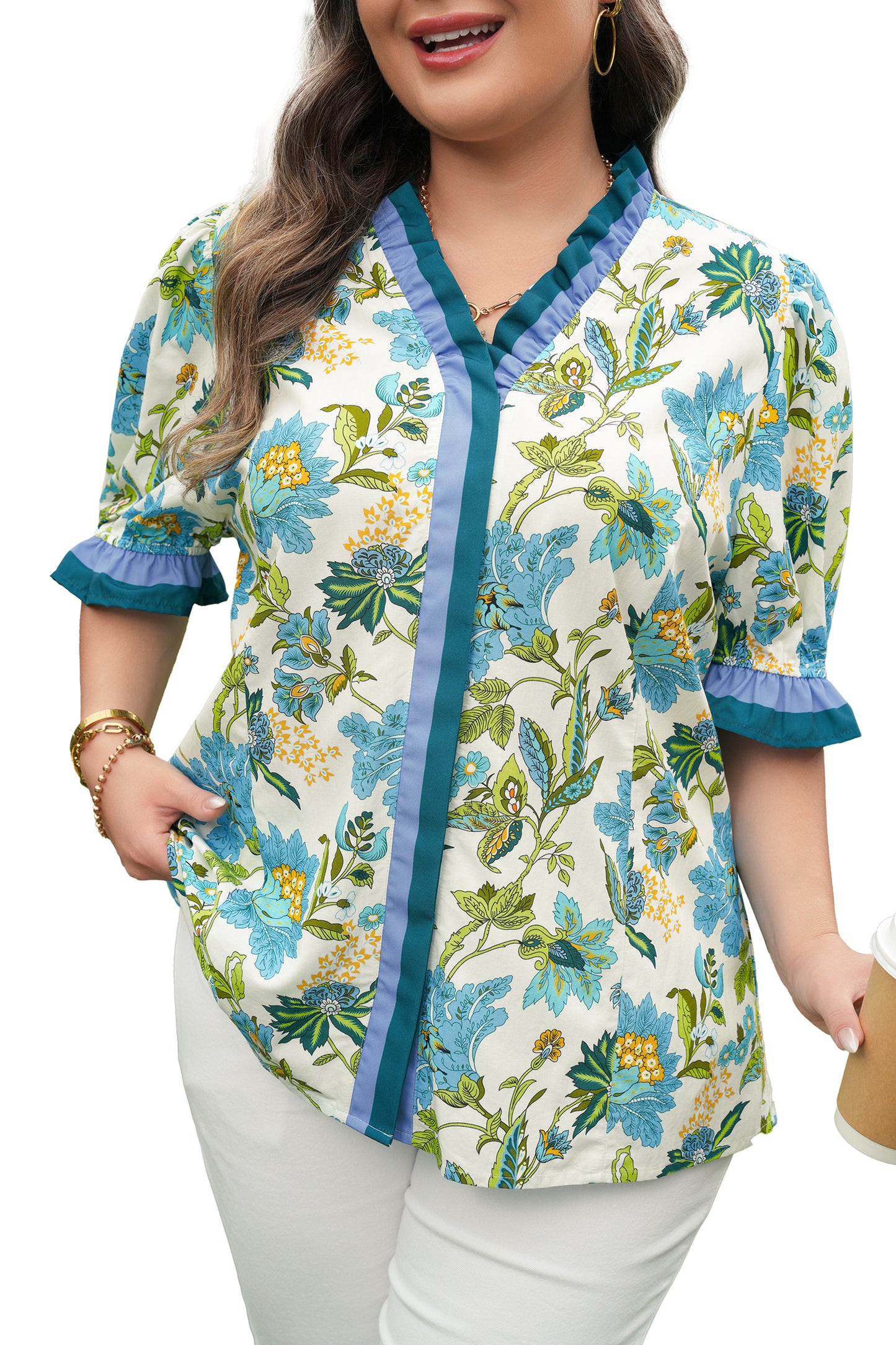 Sky Blue Plus Size Frilled V Neck Short Sleeve Floral Blouse
