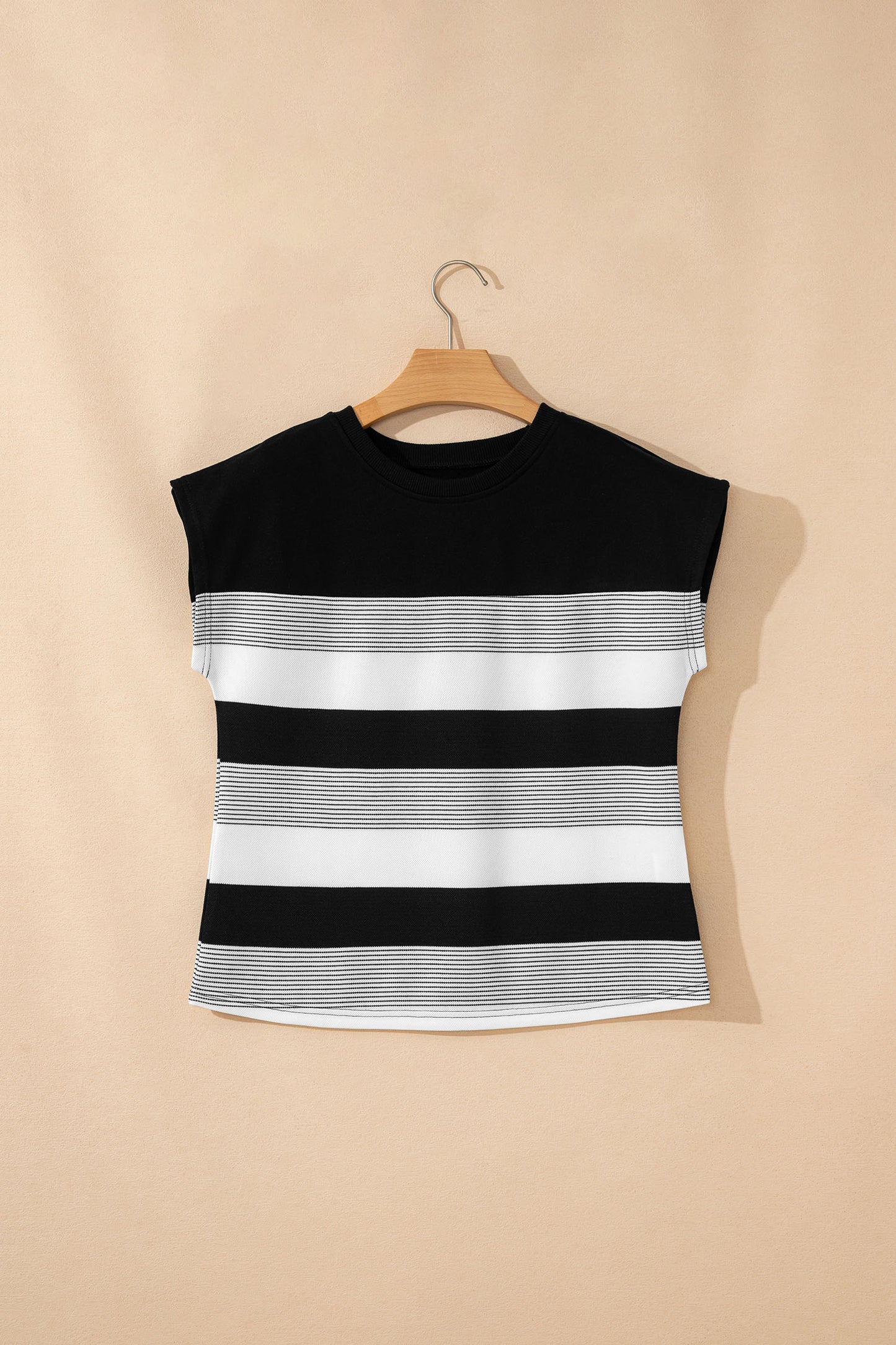 Green Stripe Mixed Print Crew Neck Cap Sleeve T Shirt