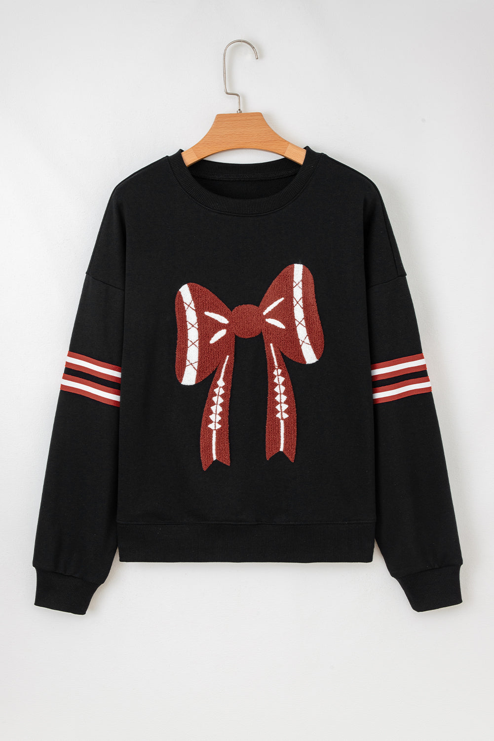 Black Varsity Baseball Bow Graphic Striped Sleeve Baggy Sweatshirt