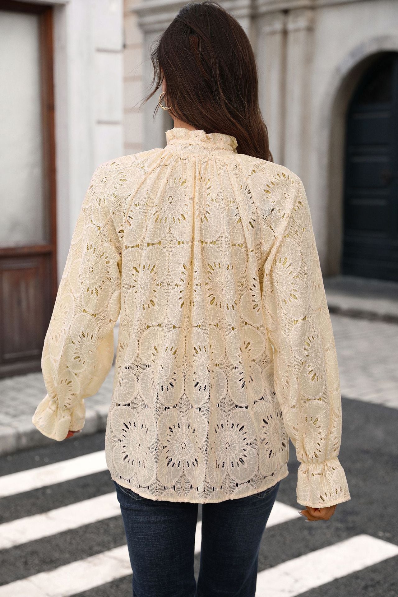 Eyelet Lace V Neck Top Long Sleeve Loose Casual Blouse