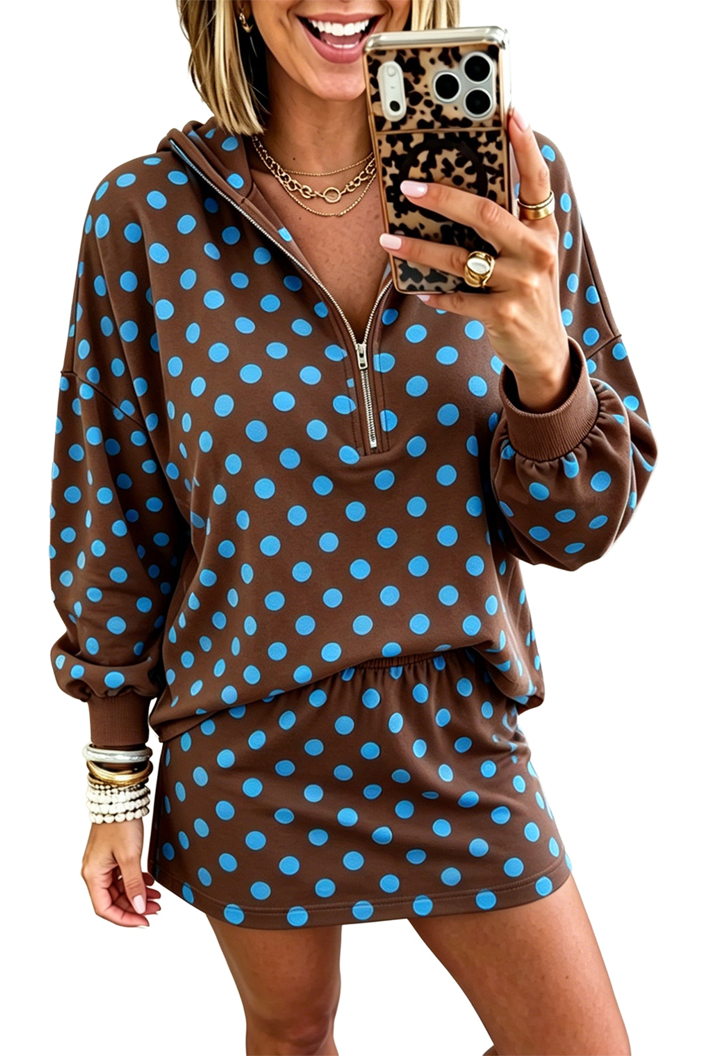 Khaki Polka Dot Hooded Long Sleeve Top Casual Mini Skort Set