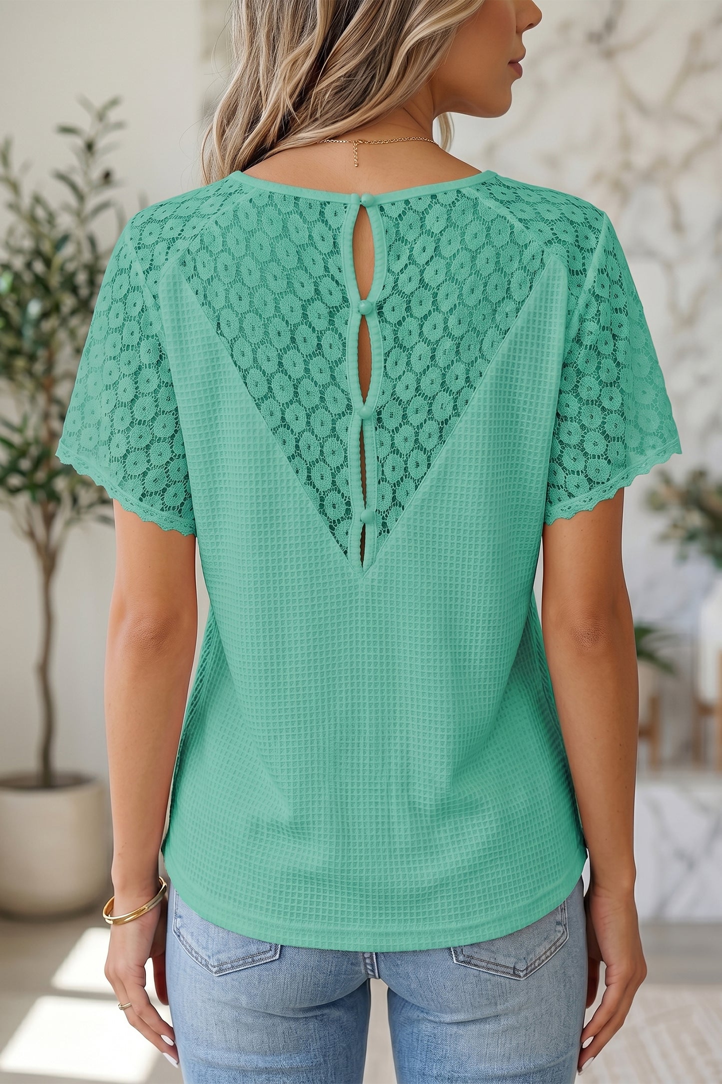 Patchwork Lace Viscose Blend Blouse Casual V-Neck Shift Top