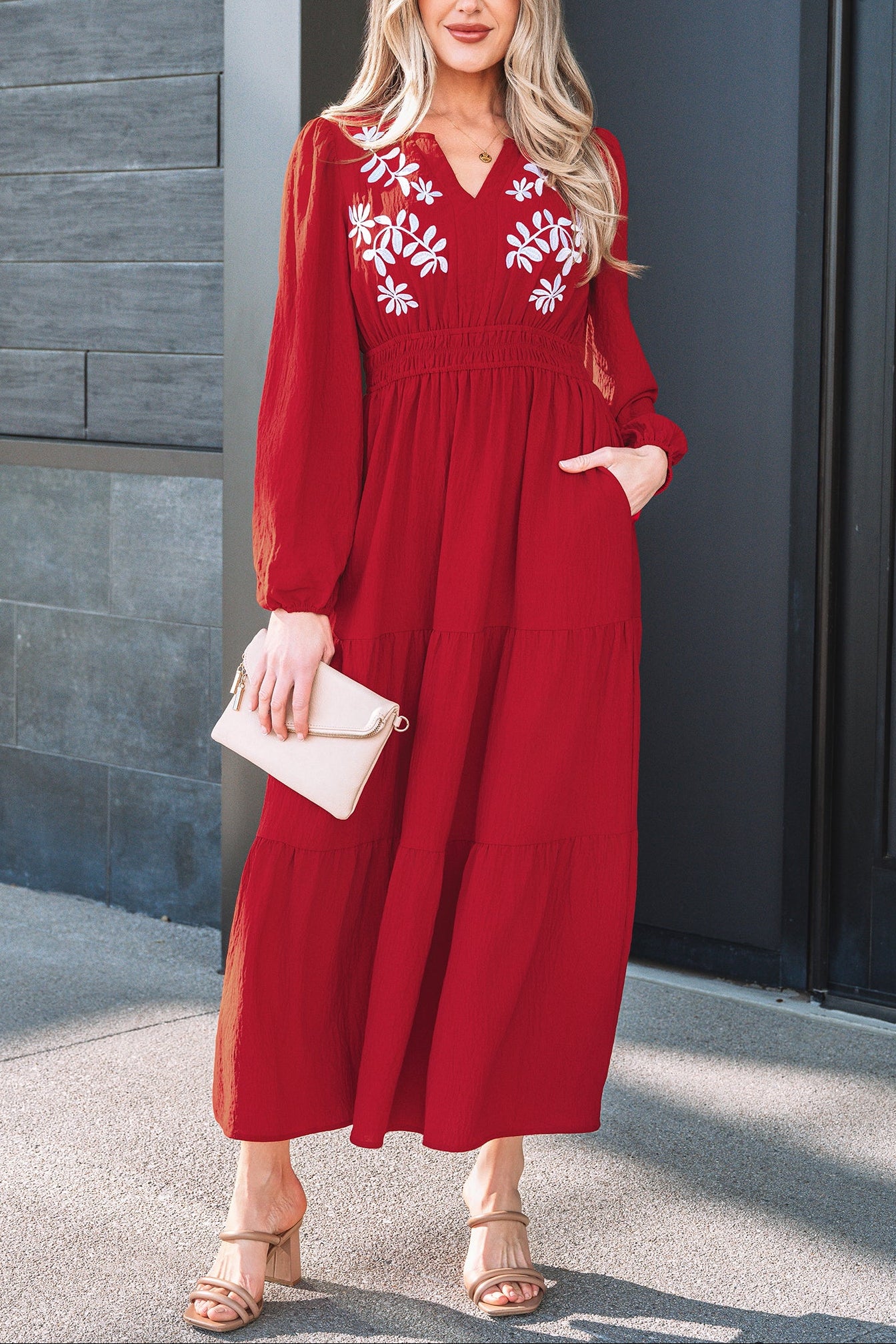 Racing Red Contrast Embroidered Detail Cinched Waist Tiered Long Sleeve Maxi Dress