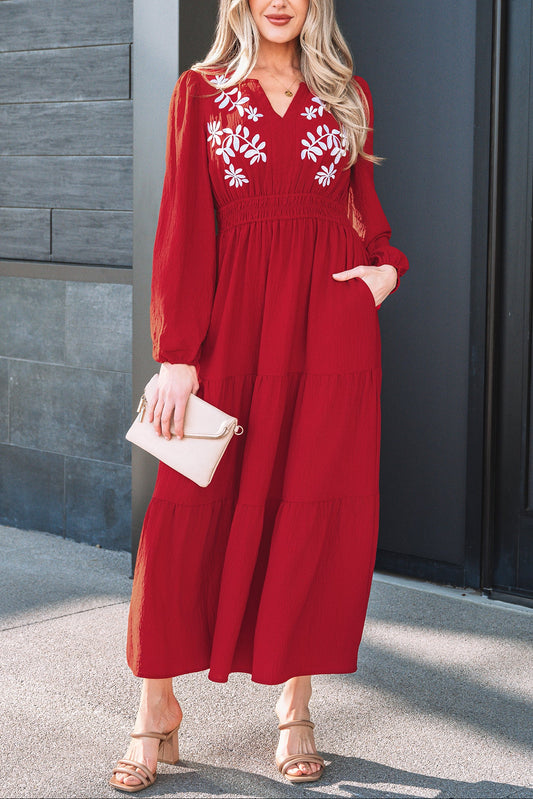 Racing Red Contrast Embroidered Detail Cinched Waist Tiered Long Sleeve Maxi Dress
