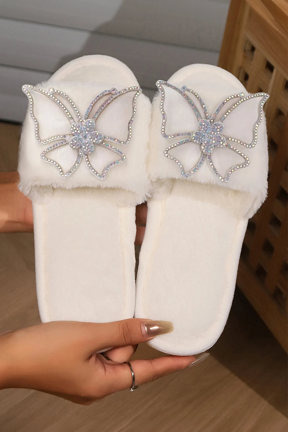 White Furry Open Toe Rhinestone Hollowed Butterfly Winter Slippers
