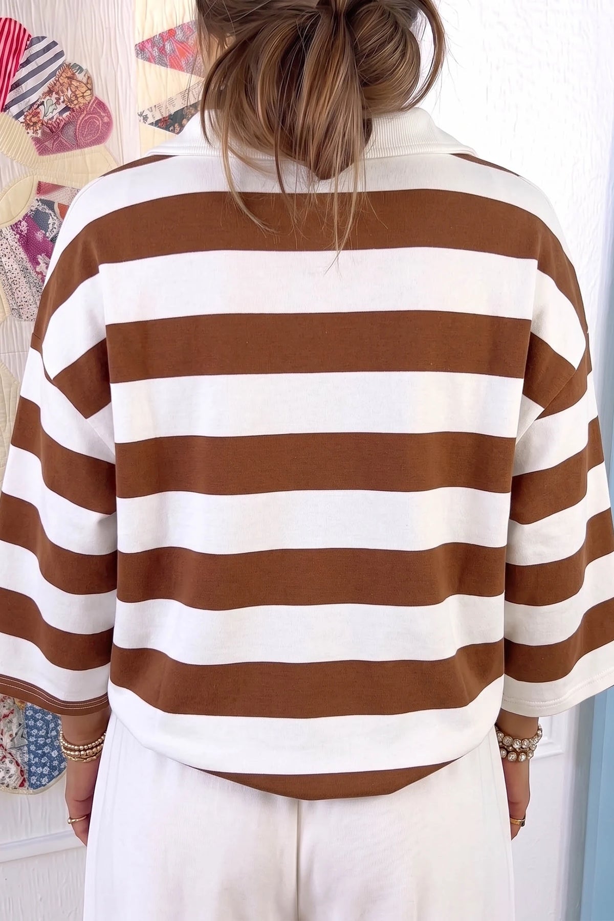 Brown Stripe Contrast Collar 3/4 Sleeve Oversized Casual Top